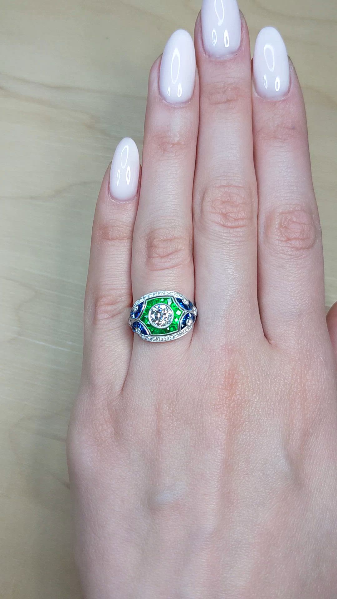1.80&nbsp;Ct.Tw.Total Carat Weight Natural Diamond, Blue Sapphire and Emerald Pave Ring, Platinum 950 Size Video