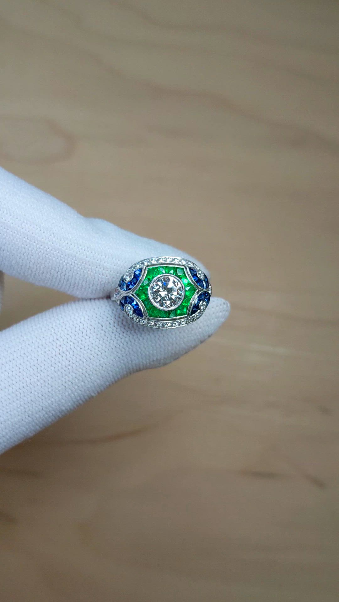 1.80&nbsp;Ct.Tw.Total Carat Weight Natural Diamond, Blue Sapphire and Emerald Pave Ring, Platinum 950 Size Video