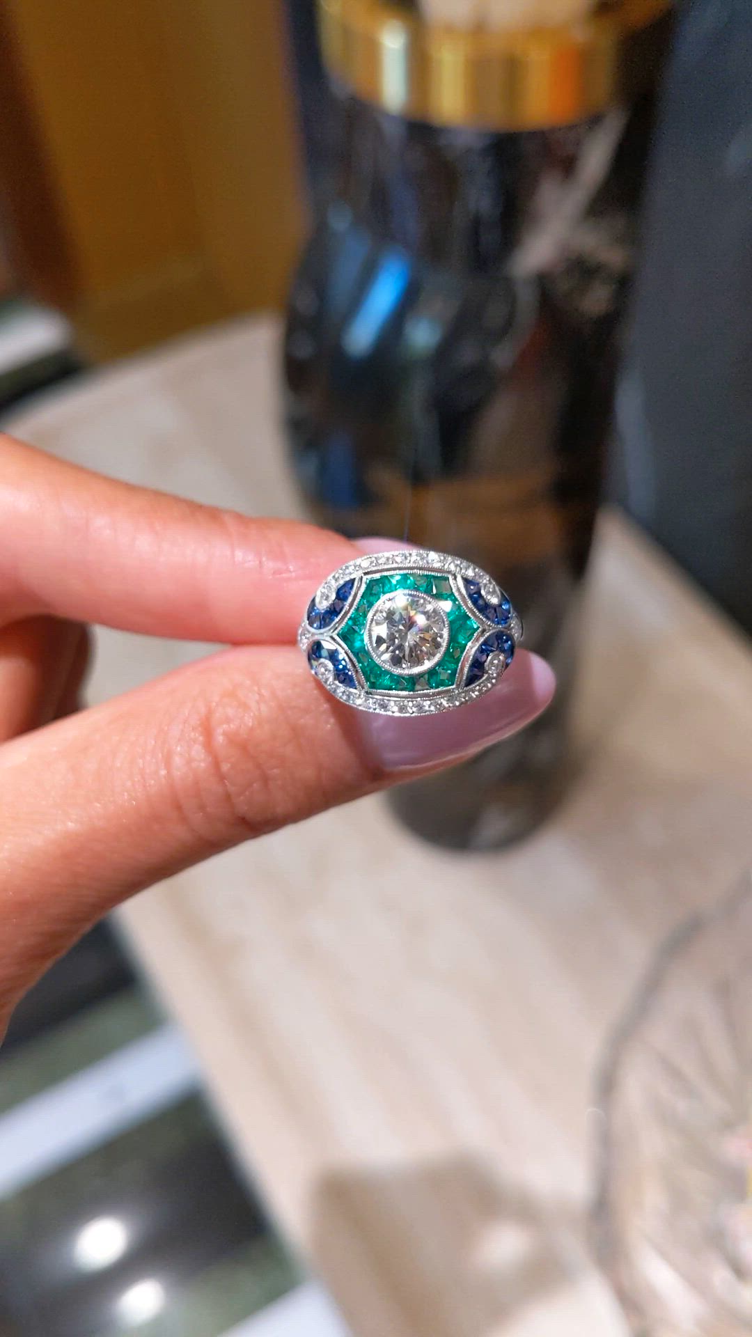 1.80&nbsp;Ct.Tw.Total Carat Weight Natural Diamond, Blue Sapphire and Emerald Pave Ring, Platinum 950 Size Video
