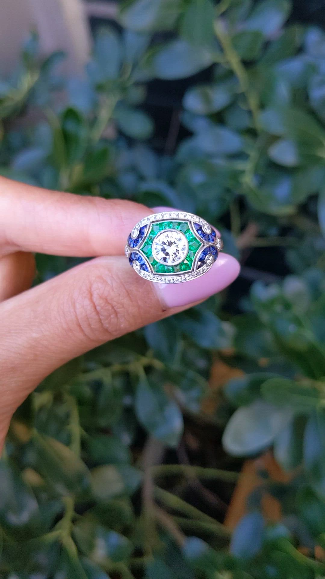 1.80&nbsp;Ct.Tw.Total Carat Weight Natural Diamond, Blue Sapphire and Emerald Pave Ring, Platinum 950 Size Video