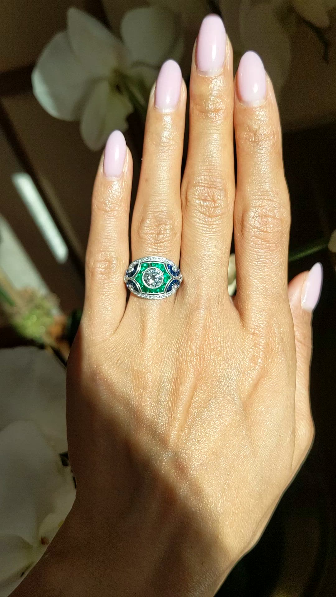 1.80&nbsp;Ct.Tw.Total Carat Weight Natural Diamond, Blue Sapphire and Emerald Pave Ring, Platinum 950 Size Video