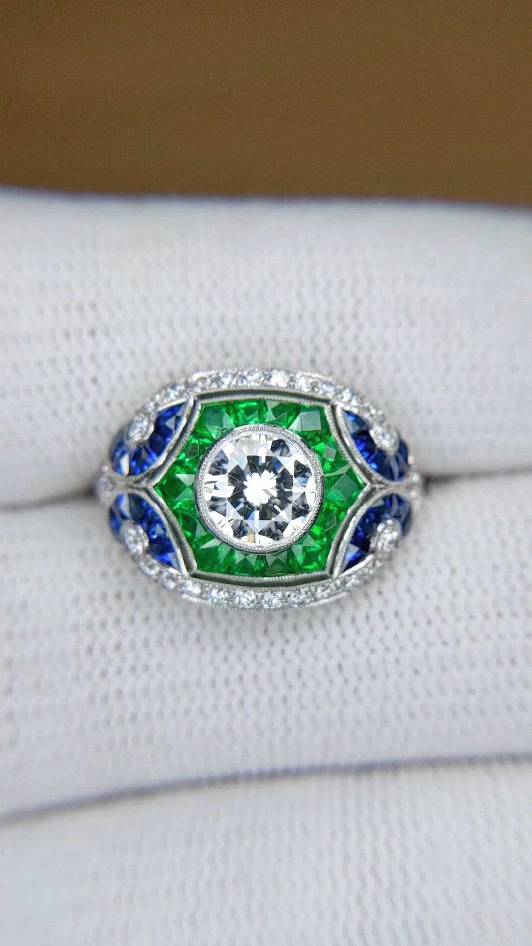 1.80&nbsp;Ct.Tw.Total Carat Weight Natural Diamond, Blue Sapphire and Emerald Pave Ring, Platinum 950 Size Video
