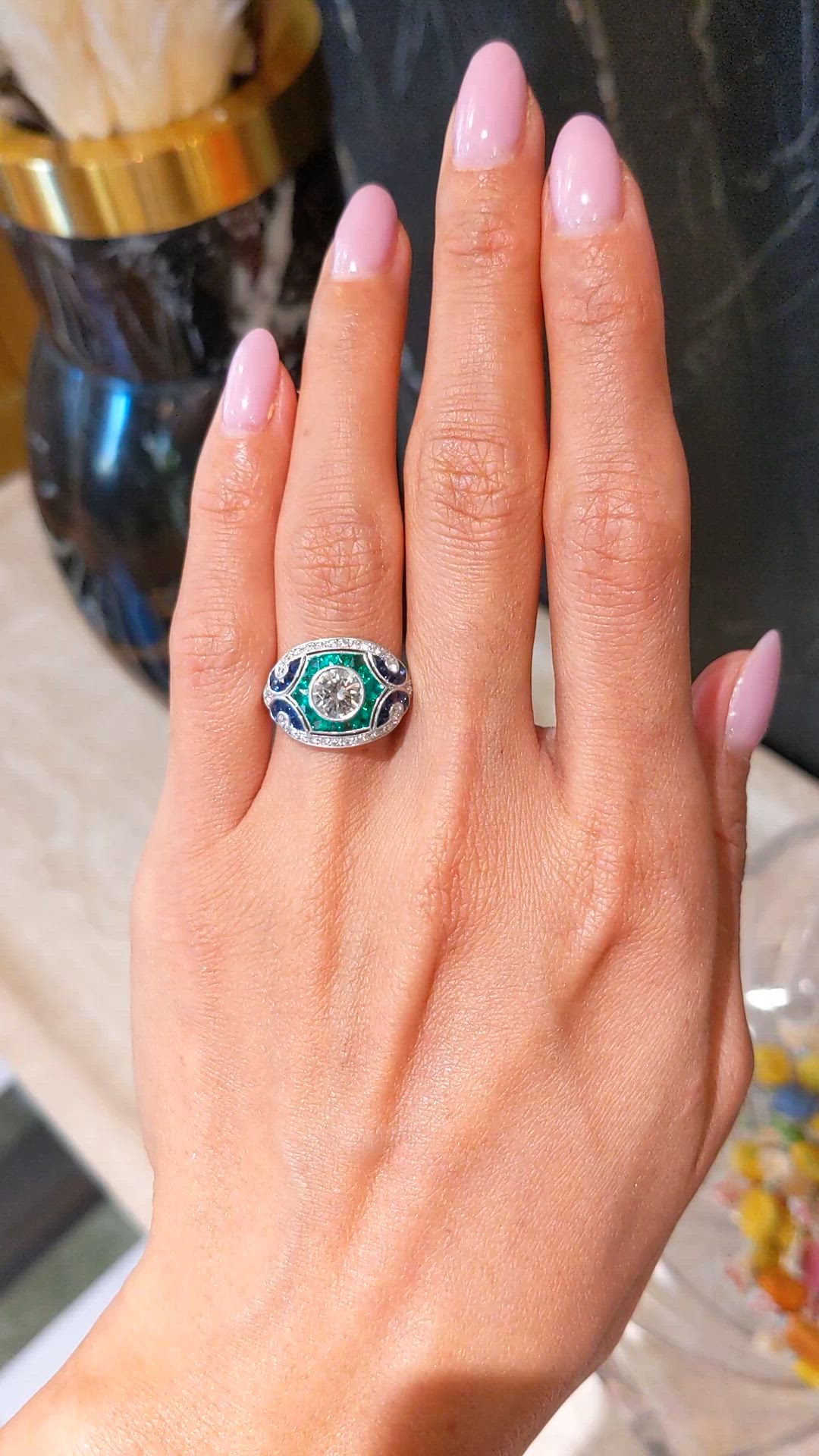 1.80&nbsp;Ct.Tw.Total Carat Weight Natural Diamond, Blue Sapphire and Emerald Pave Ring, Platinum 950 Size Video