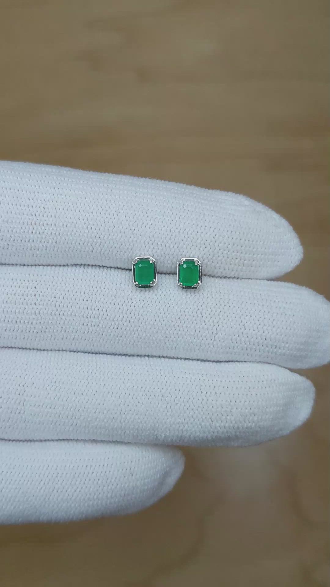 0.40 Ct.Tw.Total Carat Weight Emerald Studs Earrings, 14K White Gold Size Video