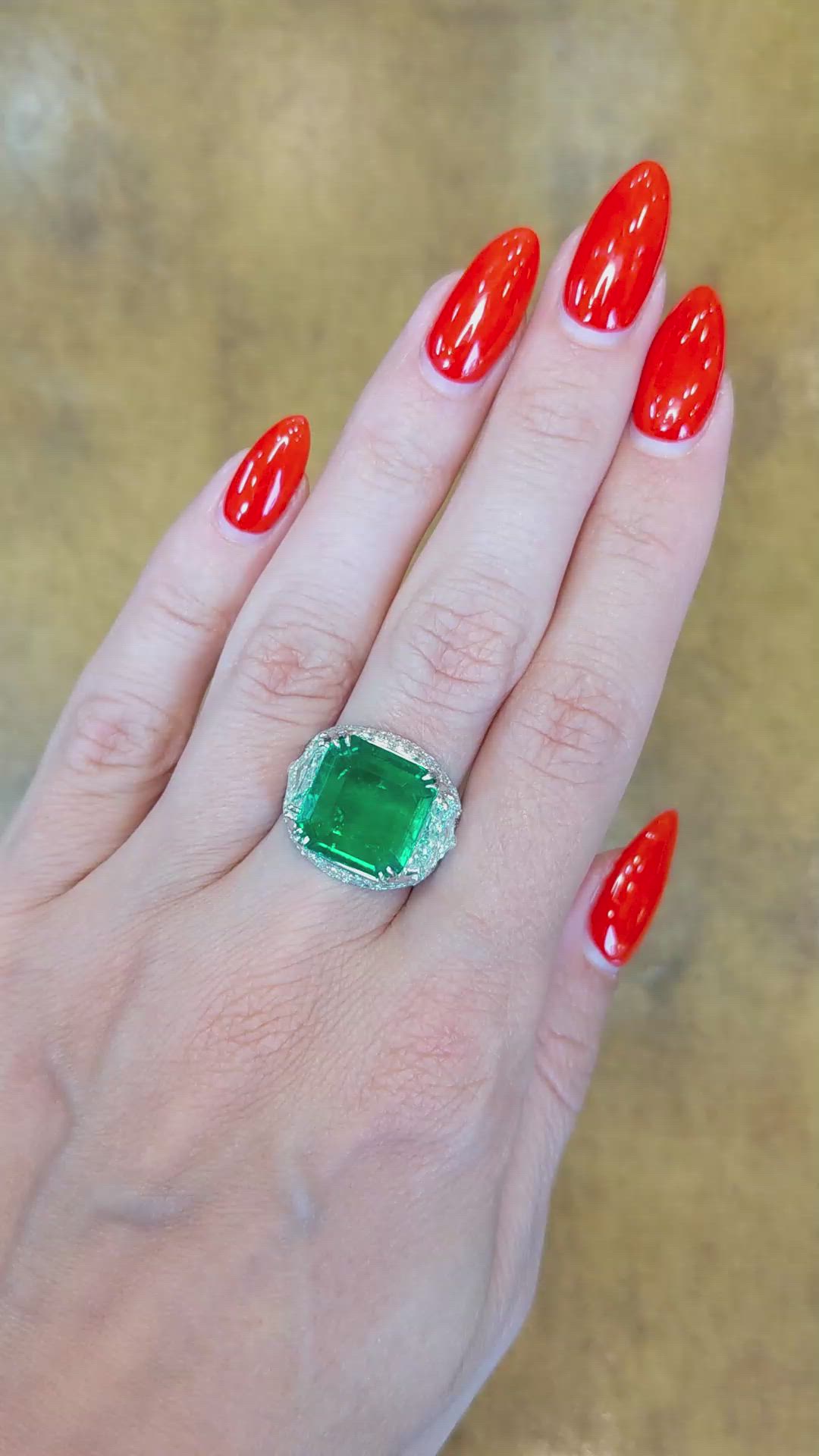 5.80 Ct. Emerald Natural Diamond Three Stone Ring, 18K White Gold Size Video