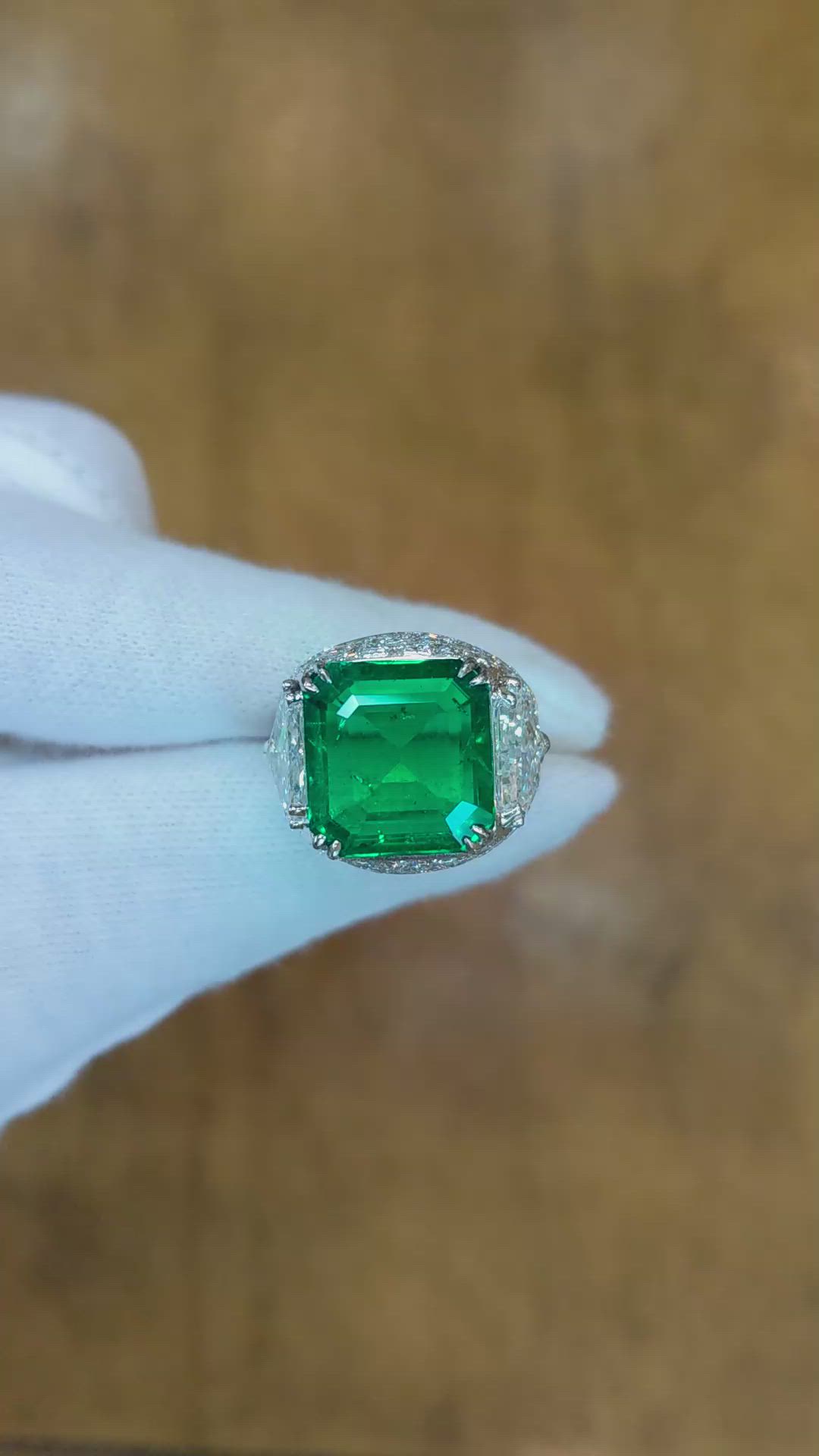 5.80 Ct. Emerald Natural Diamond Three Stone Ring, 18K White Gold Size Video