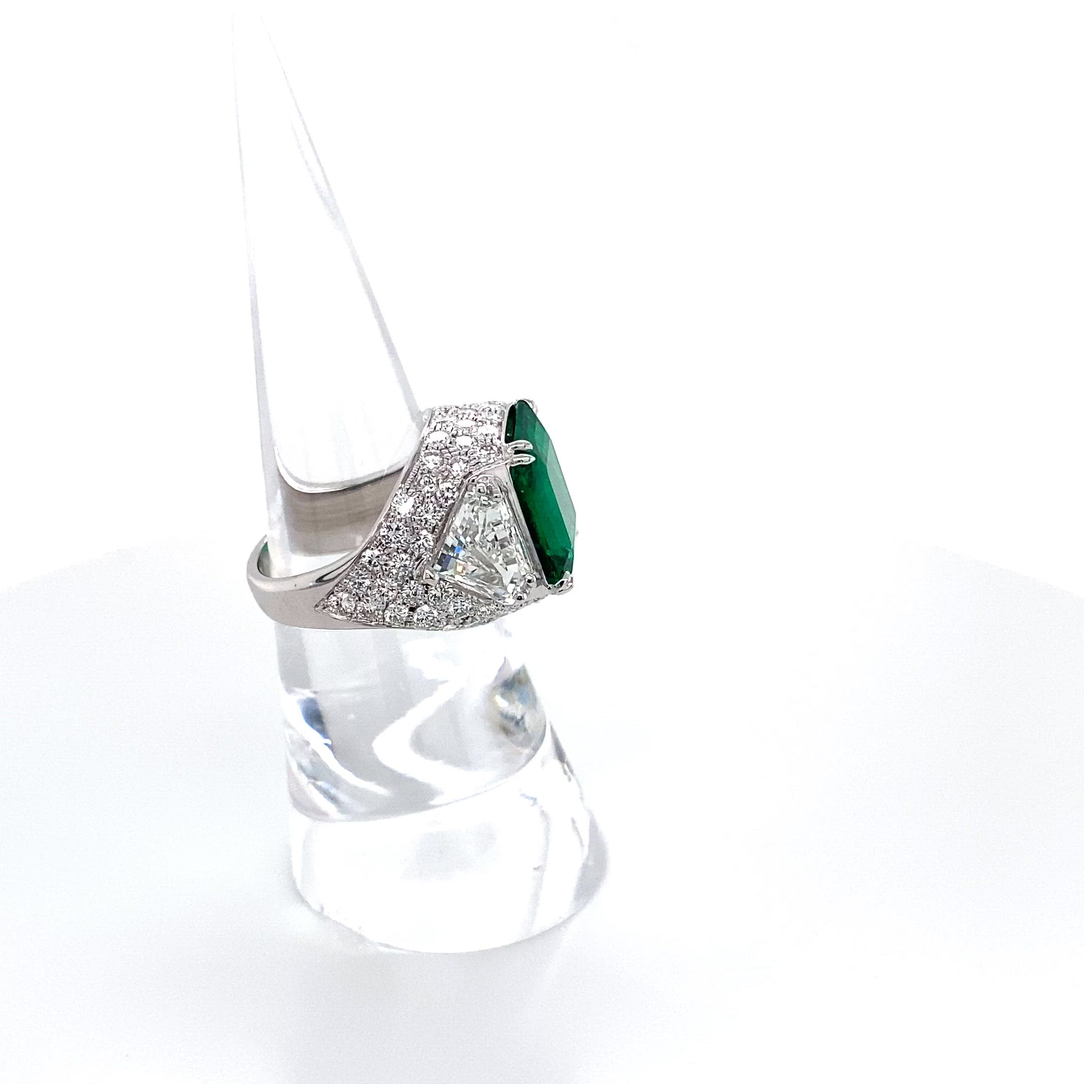 5.80 Ct. Emerald Natural Diamond Three Stone Ring, 18K White Gold Size Video