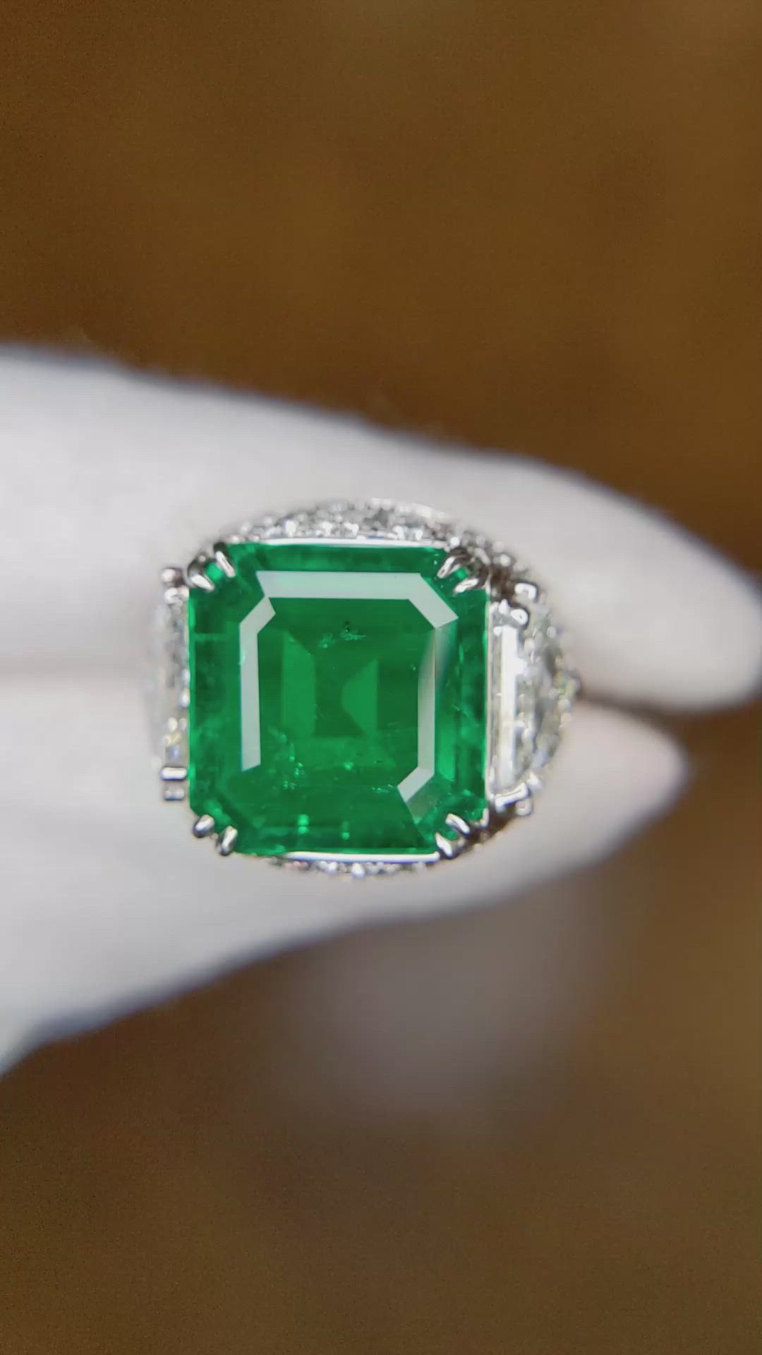 5.80 Ct. Emerald Natural Diamond Three Stone Ring, 18K White Gold Size Video