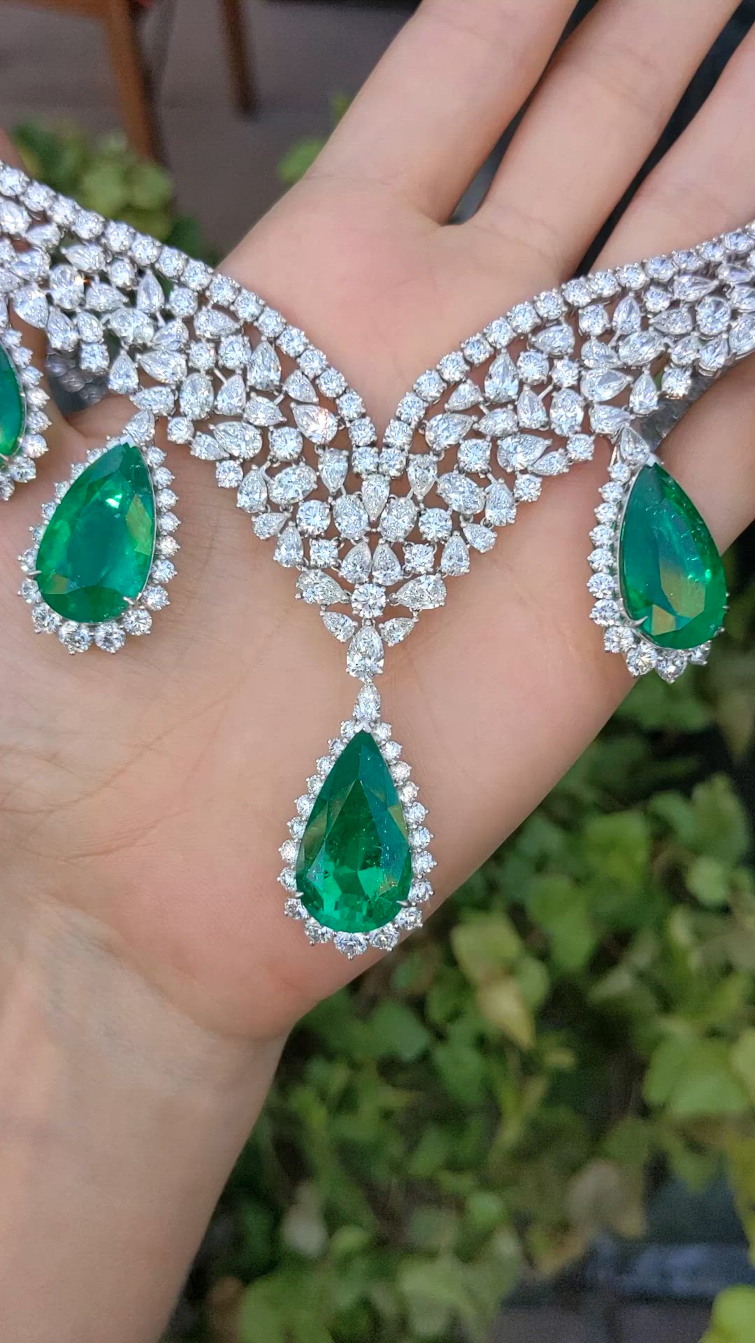 66.39 Ct. Emerald Natural Diamond Pave Necklace, Platinum 950 Size Video