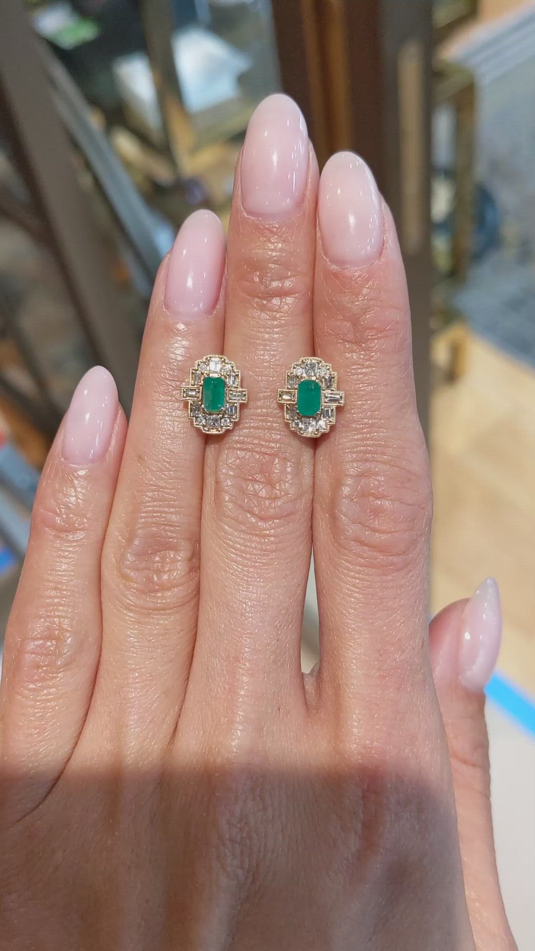 0.48&nbsp;Ct.Tw.Total Carat Weight Emerald and Natural Diamond Studs Earrings, 14K Yellow Gold Size Video