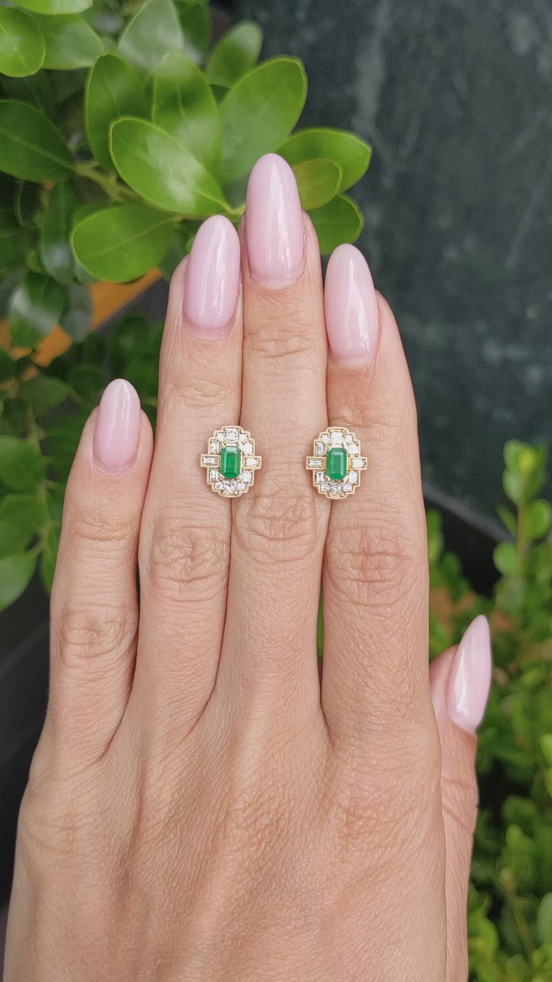 0.48&nbsp;Ct.Tw.Total Carat Weight Emerald and Natural Diamond Studs Earrings, 14K Yellow Gold Size Video