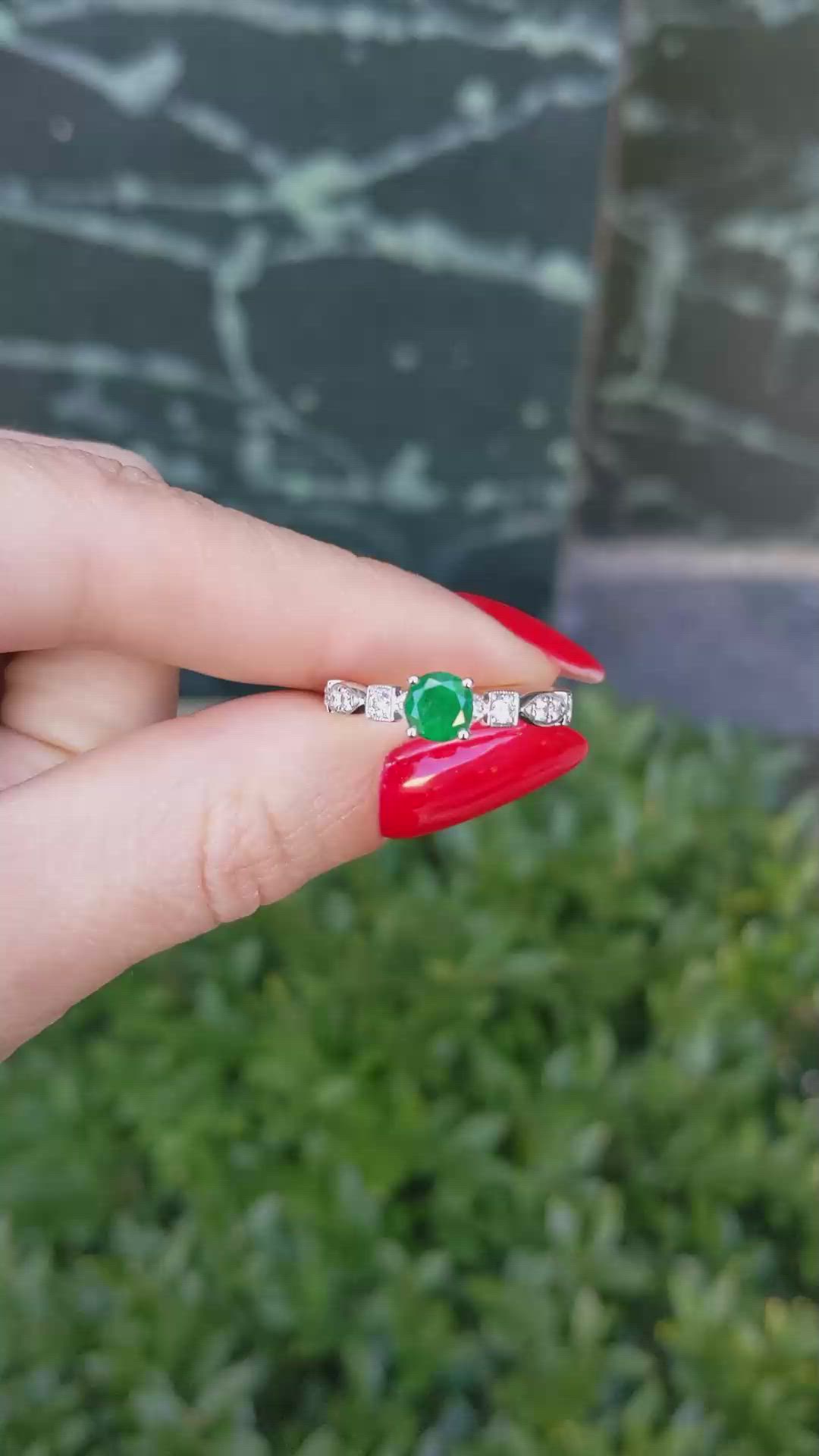 0.56 Ct. Emerald Natural Diamond Antique Style Ring, 18K White Gold Size Video