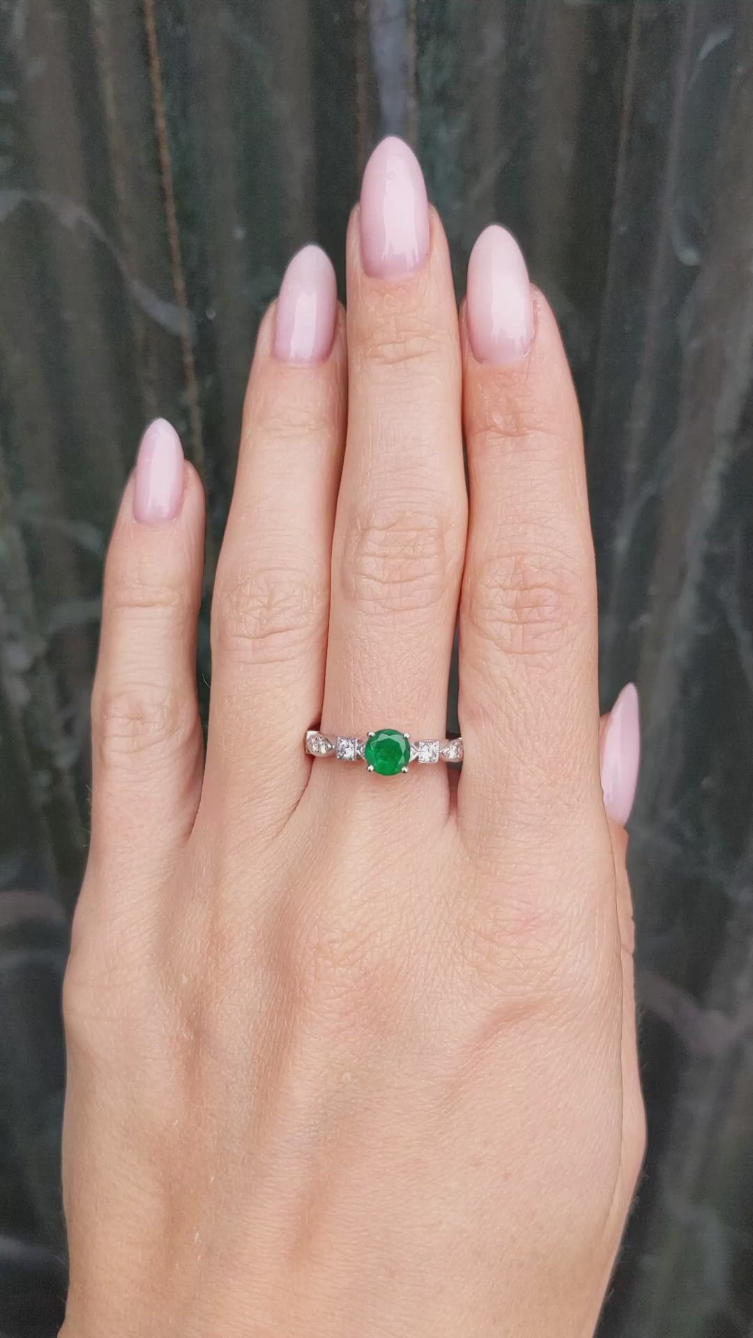 0.56 Ct. Emerald Natural Diamond Antique Style Ring, 18K White Gold Size Video