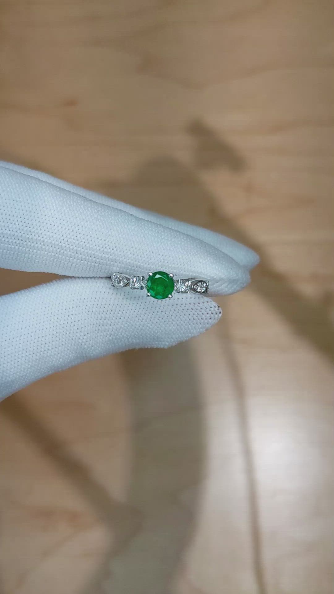 0.56 Ct. Emerald Natural Diamond Antique Style Ring, 18K White Gold Size Video