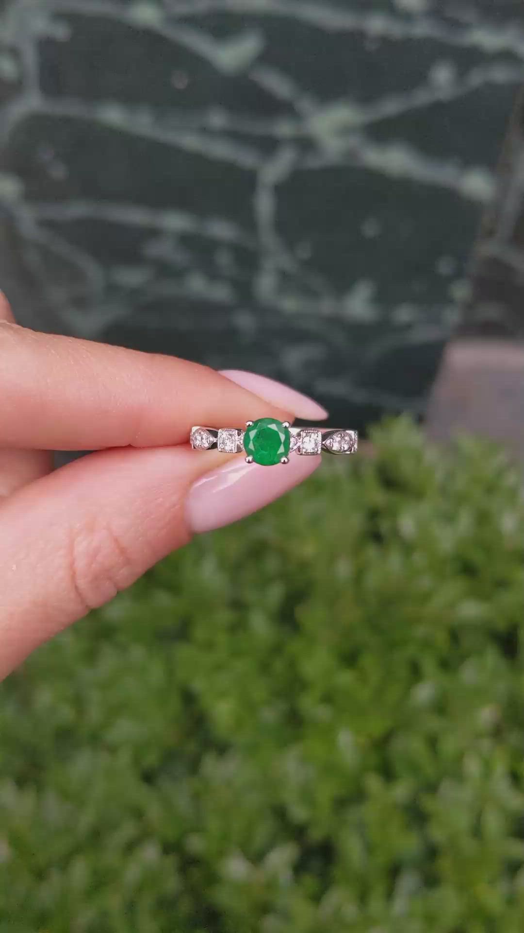 0.56 Ct. Emerald Natural Diamond Antique Style Ring, 18K White Gold Size Video