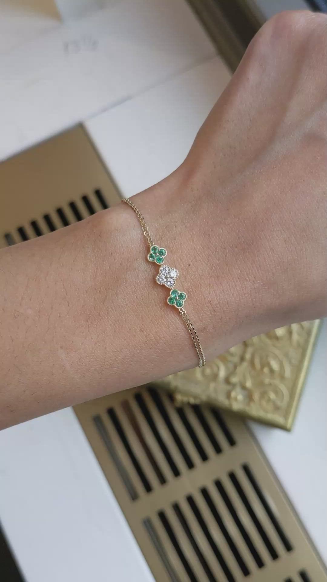 0.26&nbsp;Ct.Tw.Total Carat Weight Emerald and Natural Diamond Bezel Bracelet, 14K Yellow Gold Size Video