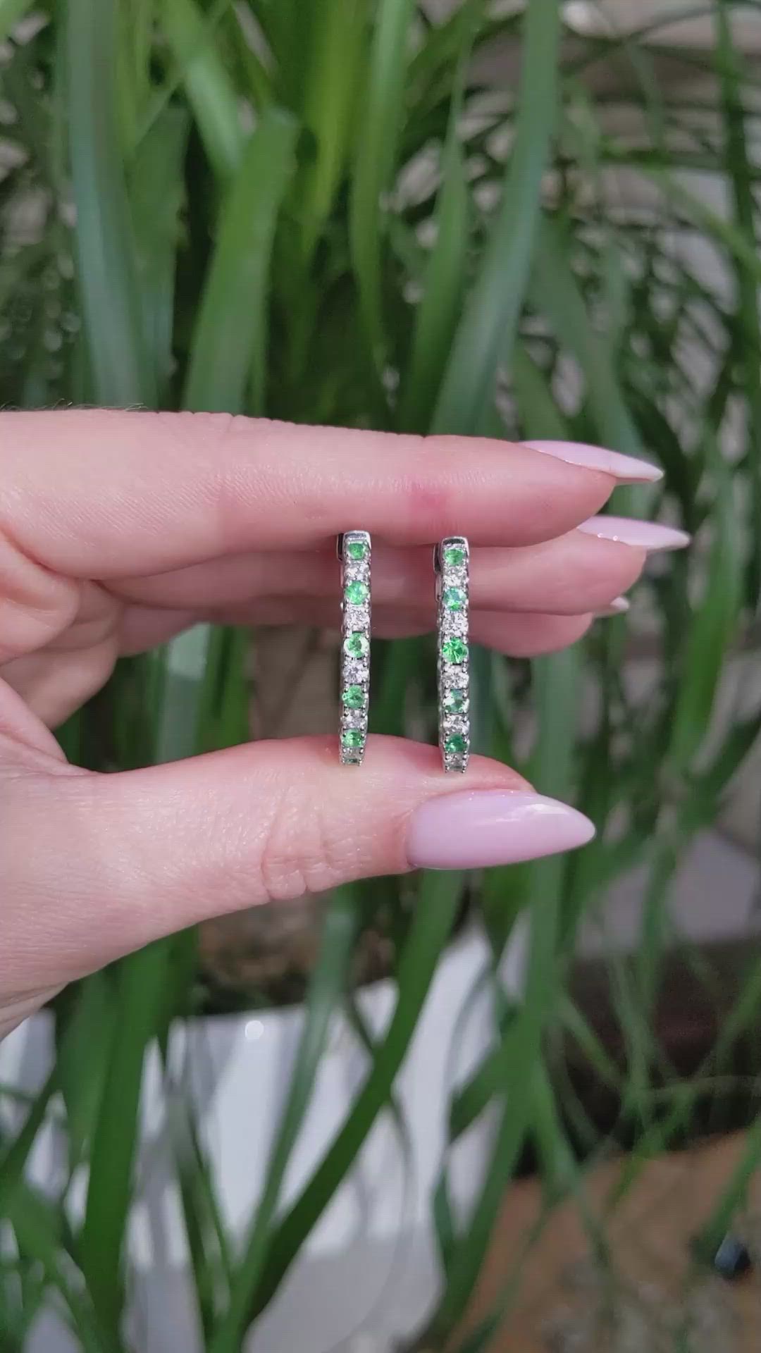 1.12&nbsp;Ct.Tw.Total Carat Weight Bluish Green Emerald and Natural Diamond Pave Earrings, 14K White Gold Size Video