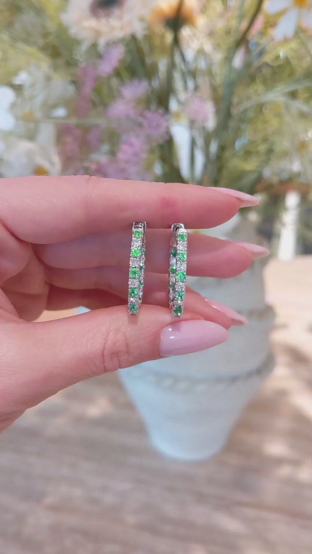 1.12&nbsp;Ct.Tw.Total Carat Weight Bluish Green Emerald and Natural Diamond Pave Earrings, 14K White Gold Size Video
