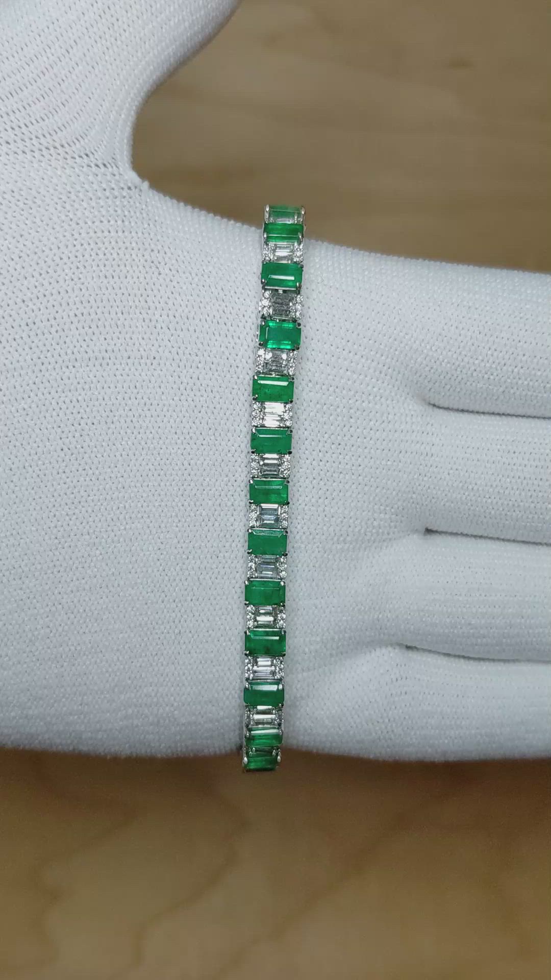 8.49 Ct.Tw. Emerald Natural Diamond Tennis/Line Bracelet, 18K White Gold Size Video