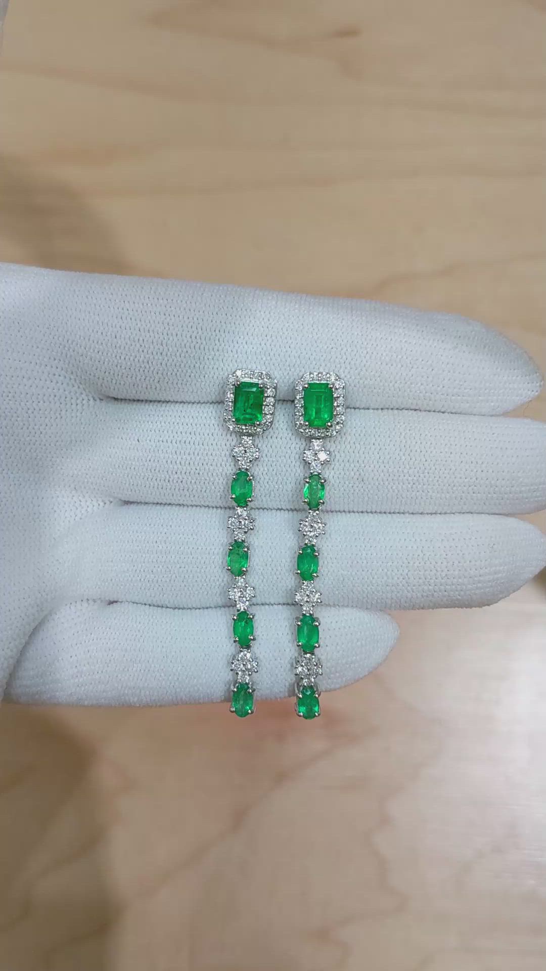 0.70 Ct.Tw. Emerald Emerald Drops Earrings, 14K White Gold Size Video