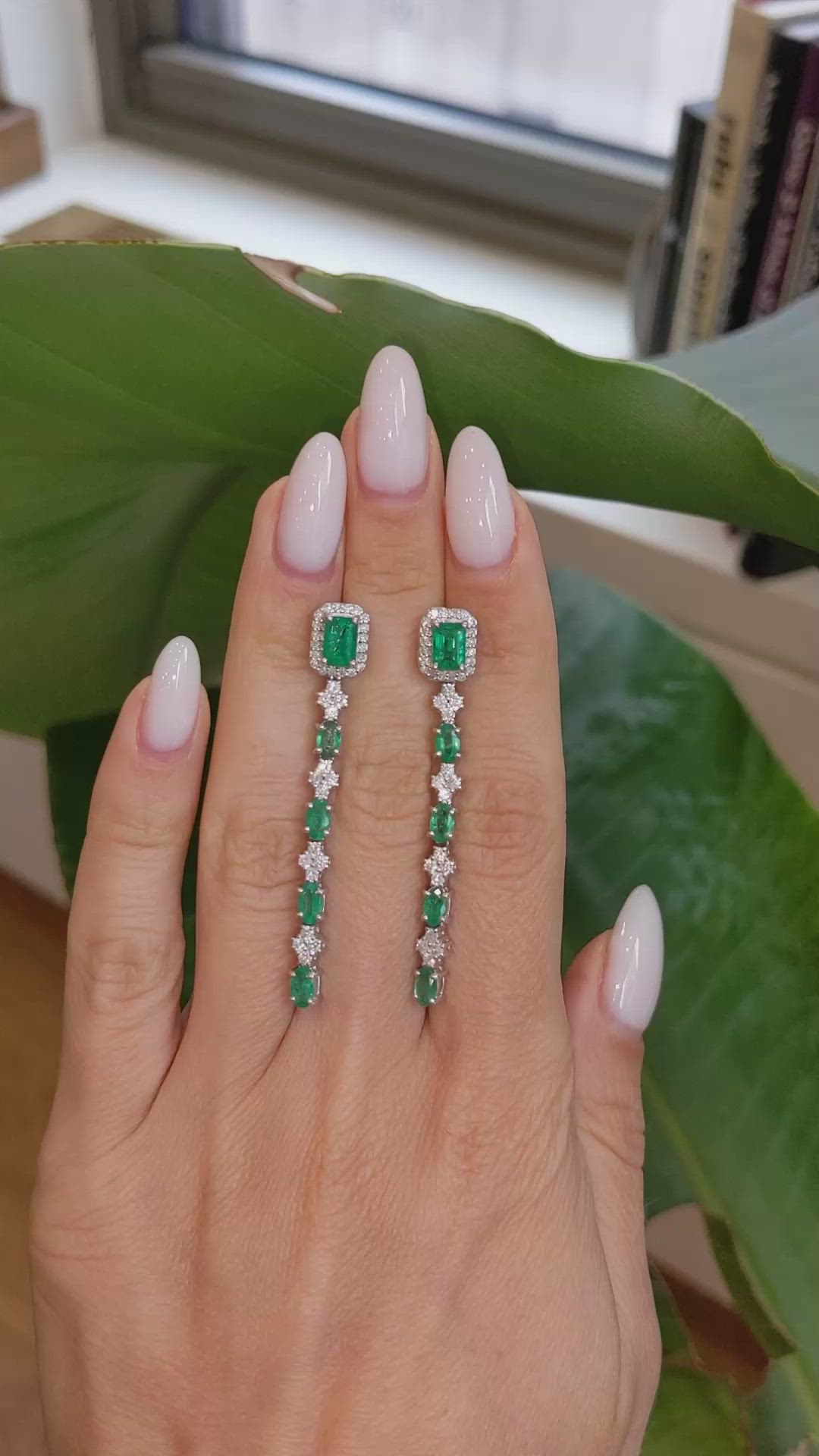0.70 Ct.Tw. Emerald Emerald Drops Earrings, 14K White Gold Size Video