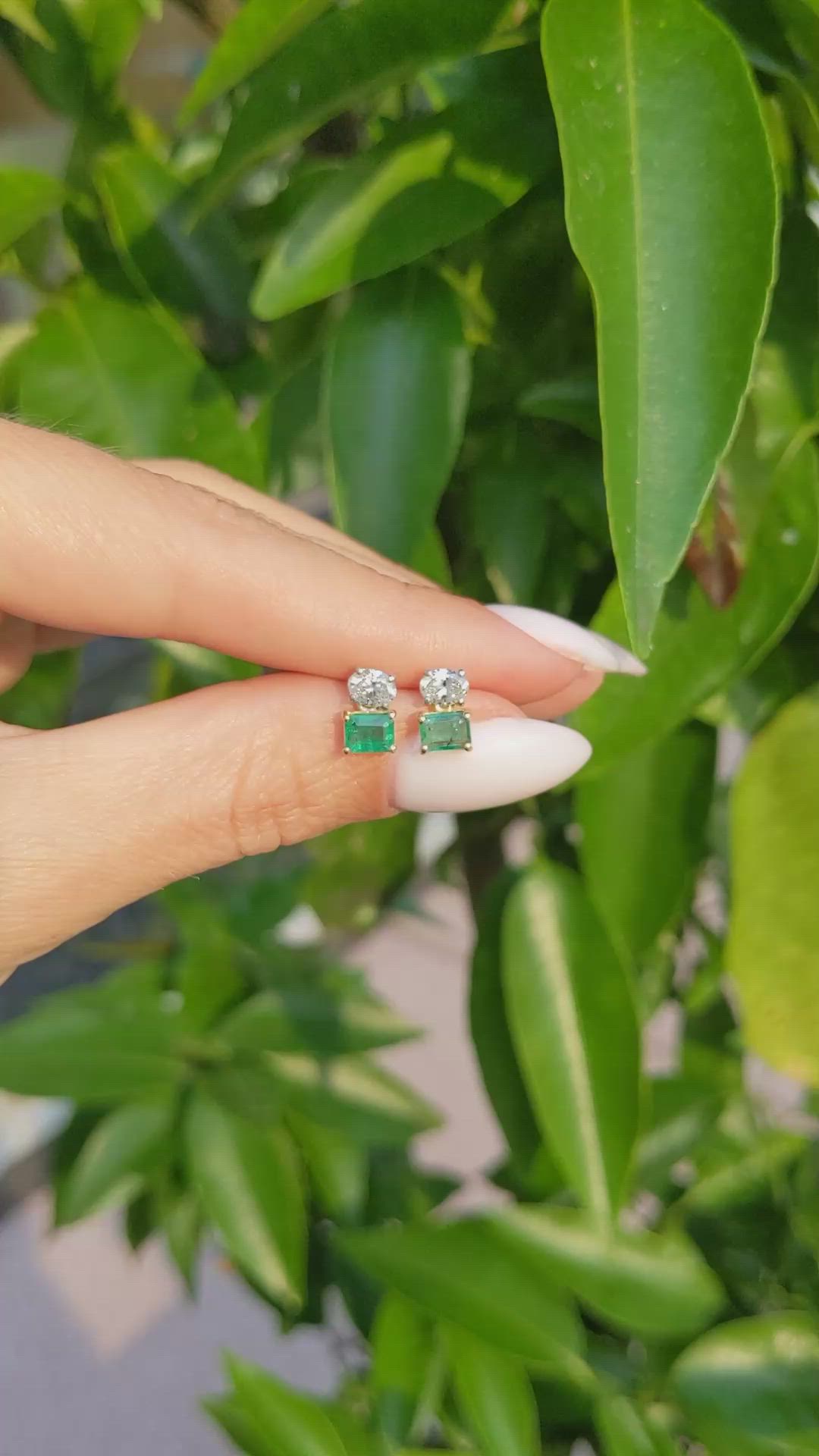 0.76 Ct.Tw. Emerald Natural Diamond Drops Earrings, 14K White & Yellow Size Video