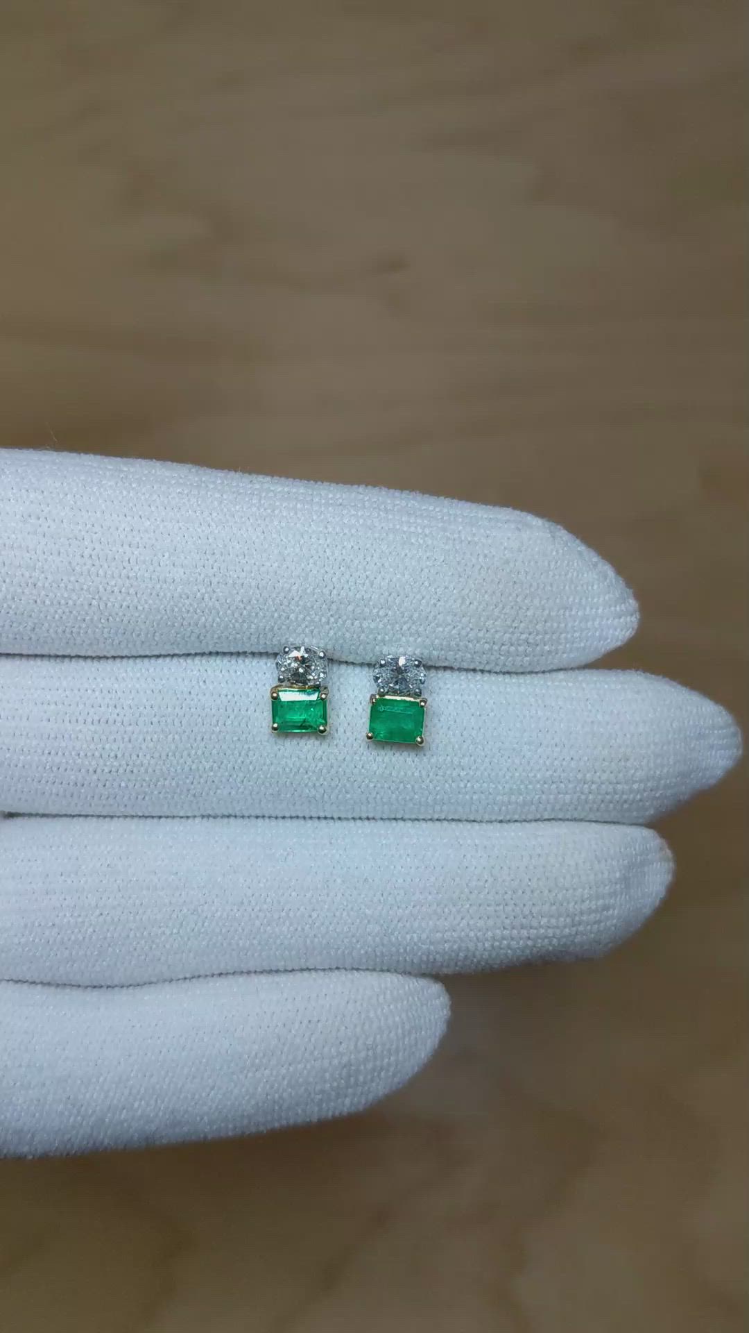 0.76 Ct.Tw. Emerald Natural Diamond Drops Earrings, 14K White & Yellow Size Video