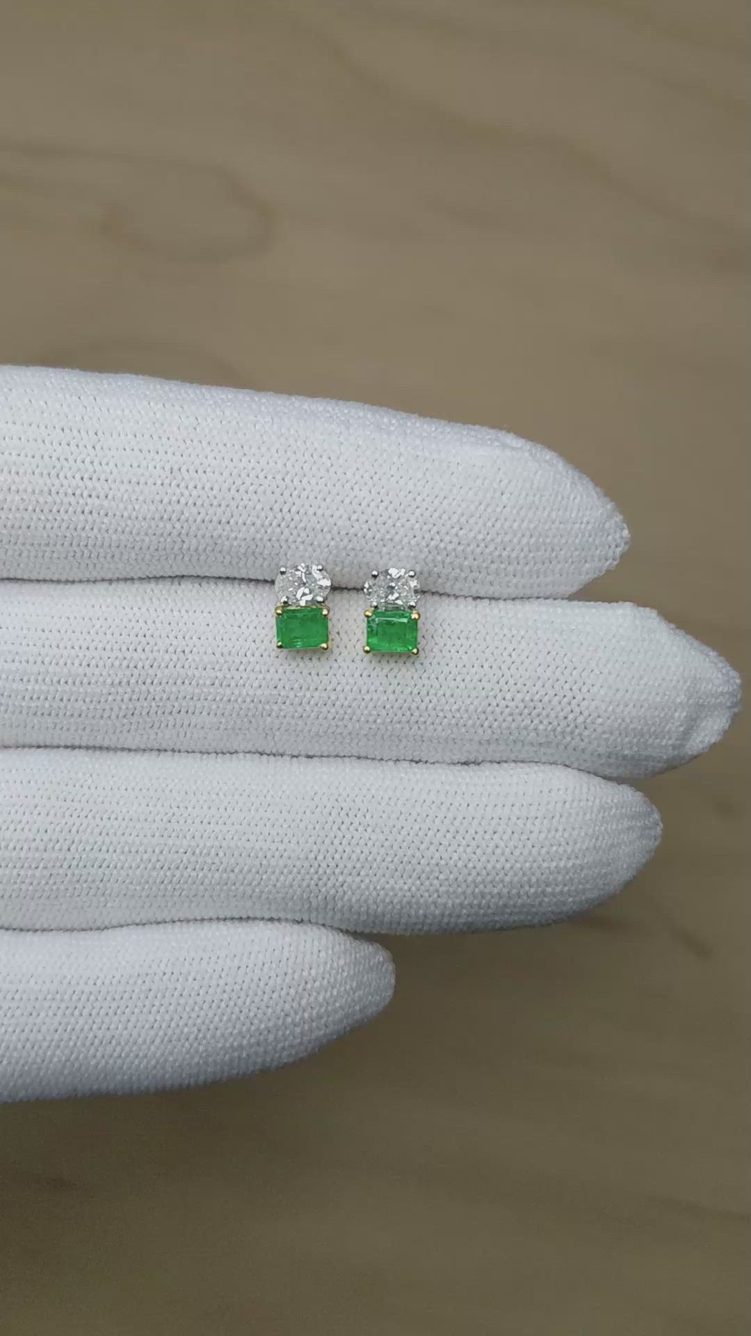 1.24 Ct.Tw.Total Carat Weight Emerald and Natural Diamond Drops Earrings, 14K White & Yellow Size Video