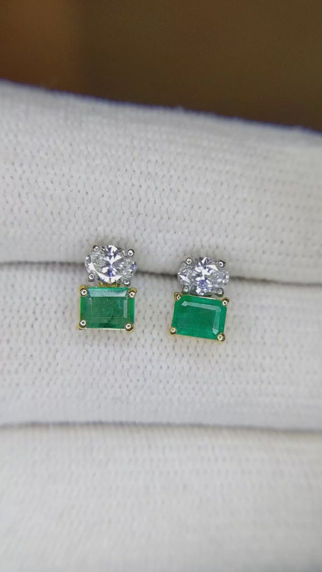 0.76 Ct.Tw. Emerald Natural Diamond Drops Earrings, 14K White & Yellow Size Video