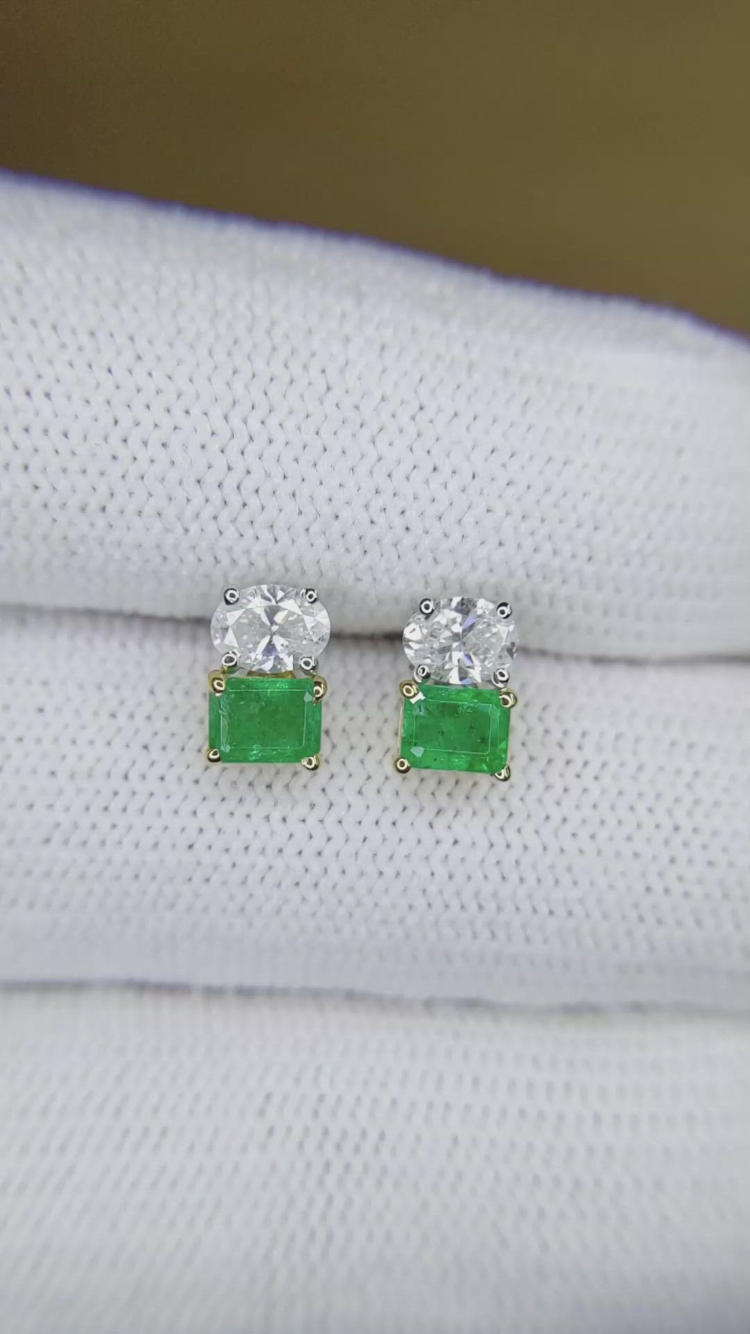 1.24 Ct.Tw.Total Carat Weight Emerald and Natural Diamond Drops Earrings, 14K White & Yellow Size Video