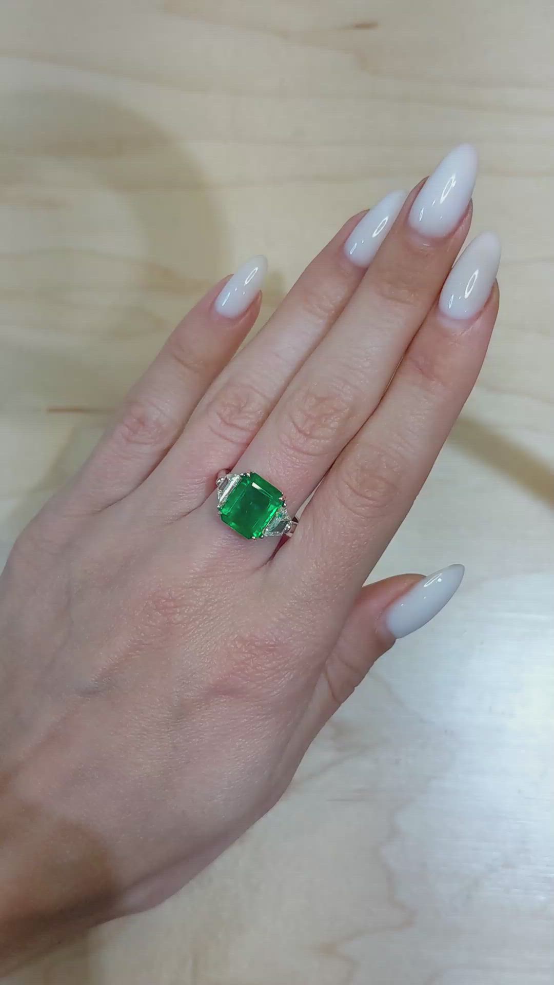 4.10 Ct. Emerald Natural Diamond Three Stone Ring, Platinum & 14K Yellow Size Video