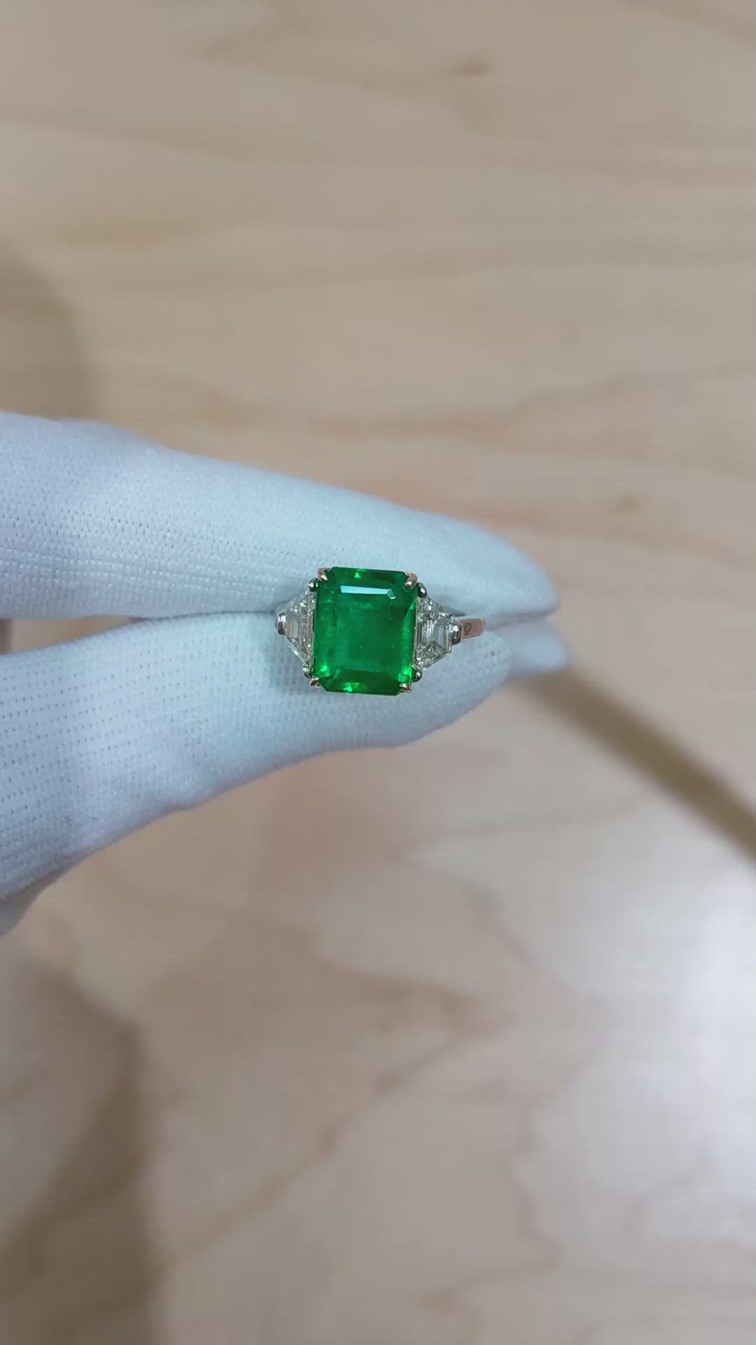 4.10 Ct. Emerald Natural Diamond Three Stone Ring, Platinum & 14K Yellow Size Video
