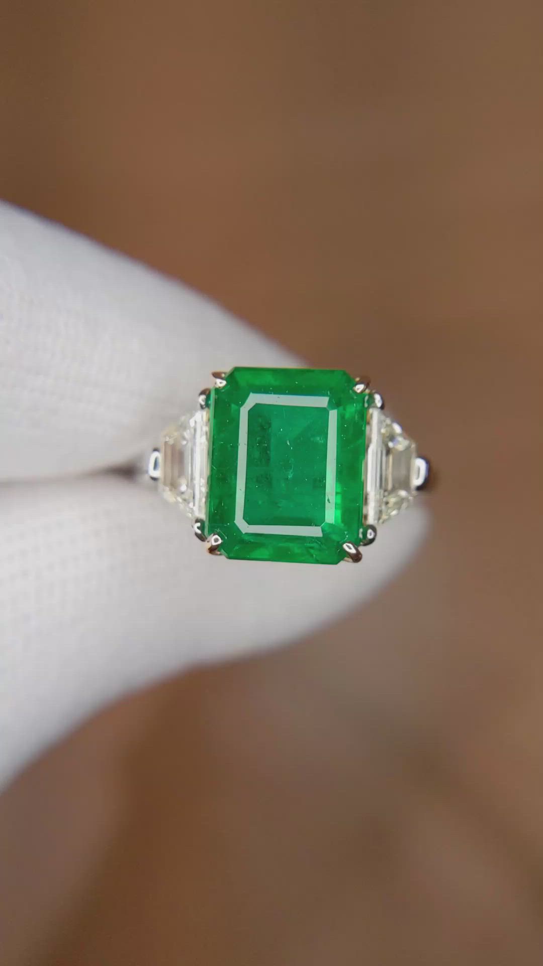 4.10 Ct. Emerald Natural Diamond Three Stone Ring, Platinum & 14K Yellow Size Video