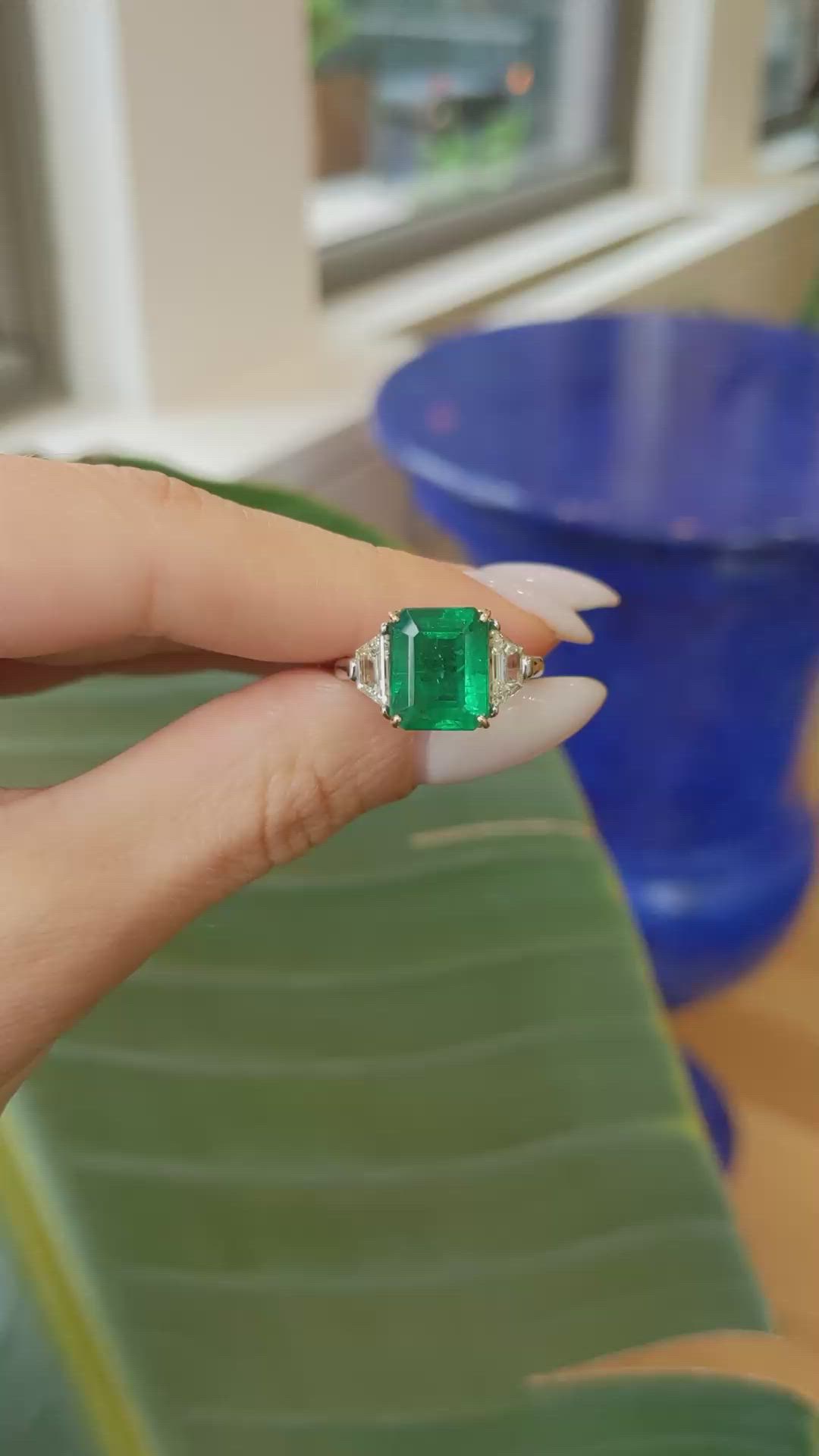 4.10 Ct. Emerald Natural Diamond Three Stone Ring, Platinum & 14K Yellow Size Video