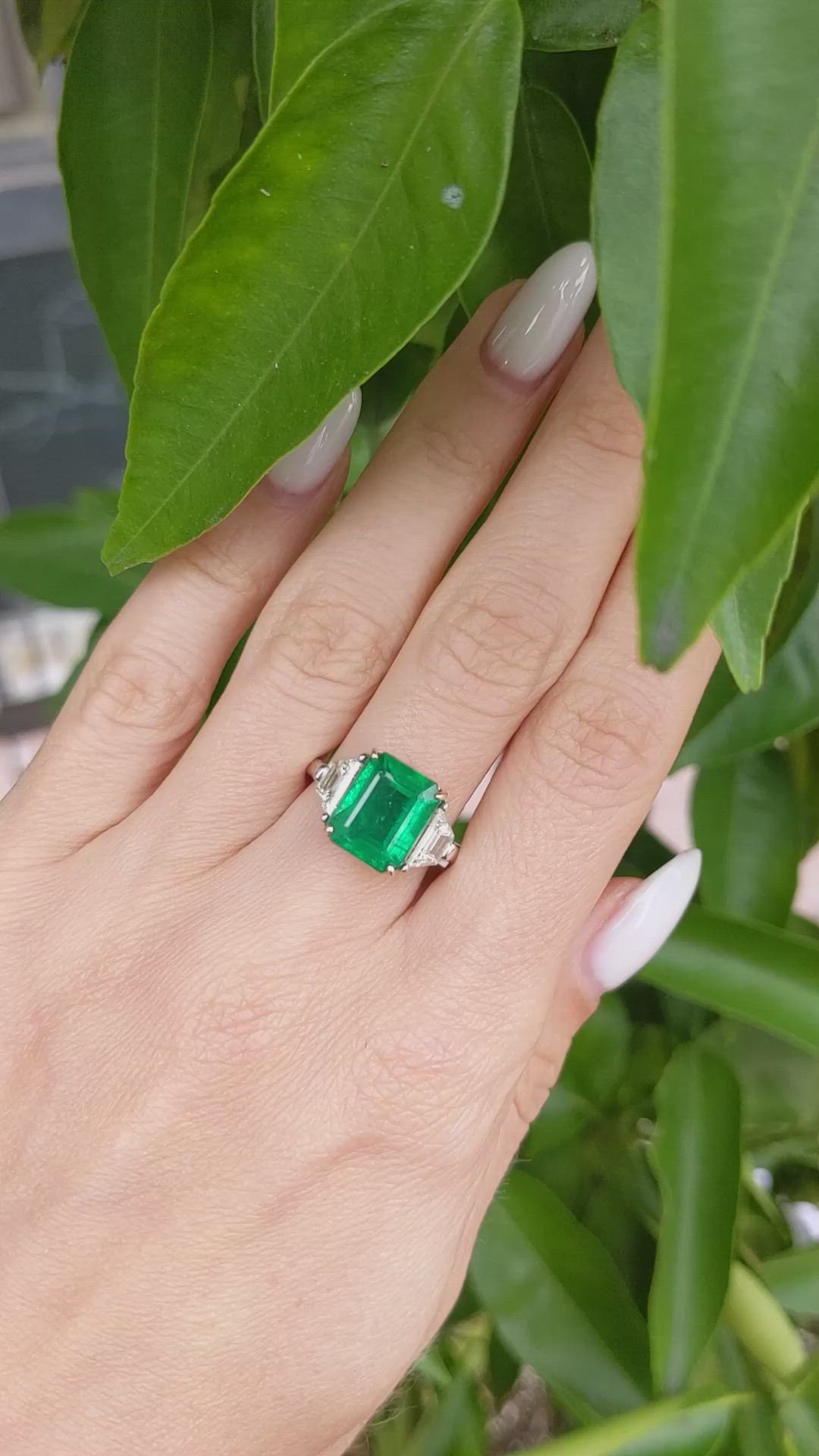 4.10 Ct. Emerald Natural Diamond Three Stone Ring, Platinum & 14K Yellow Size Video