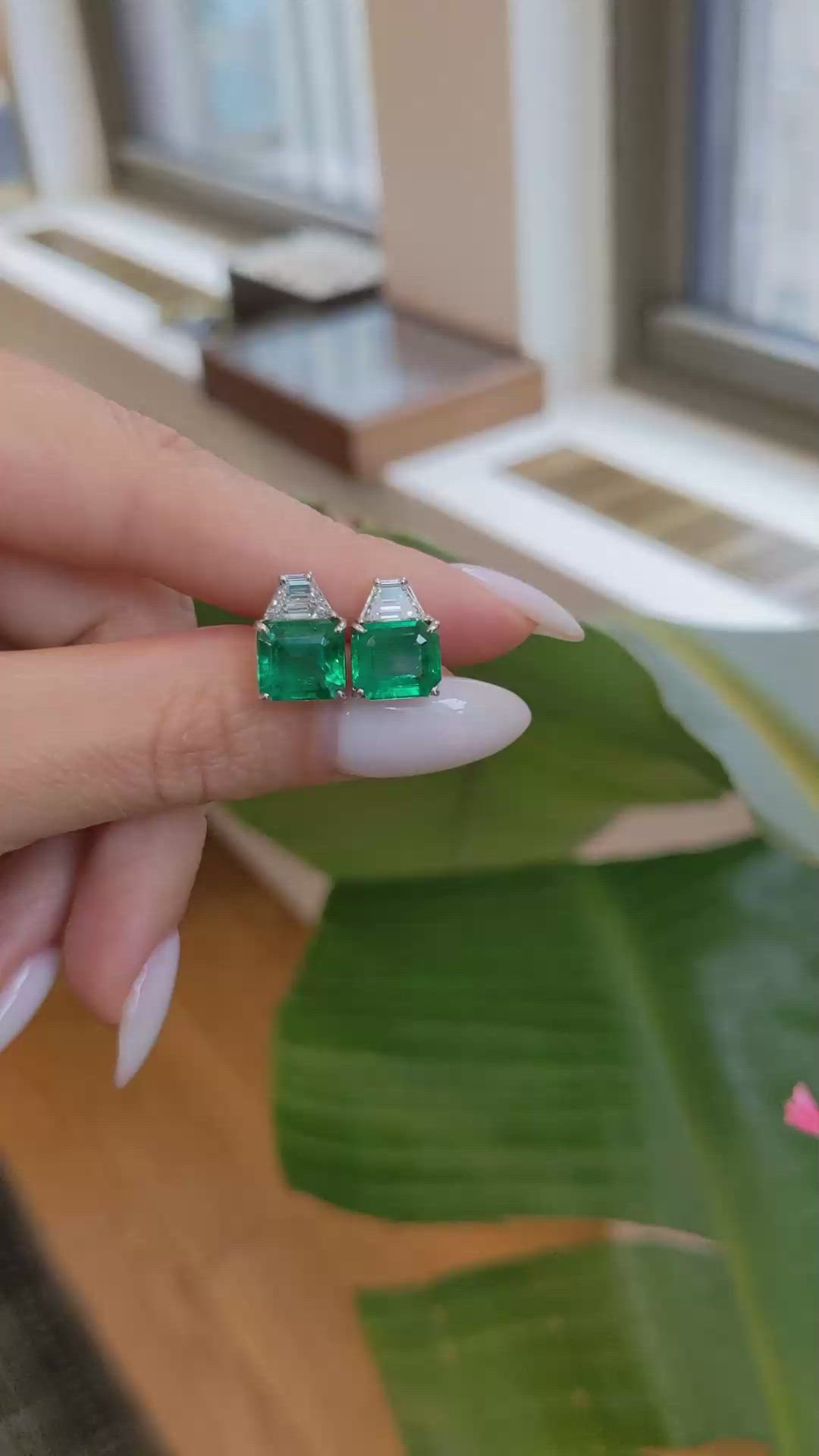 5.34 Ct.Tw. Emerald Natural Diamond Studs Earrings, Platinum 950 Size Video