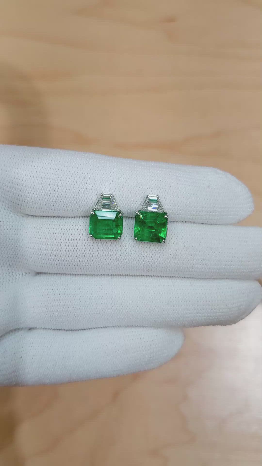 5.34 Ct.Tw. Emerald Natural Diamond Studs Earrings, Platinum 950 Size Video