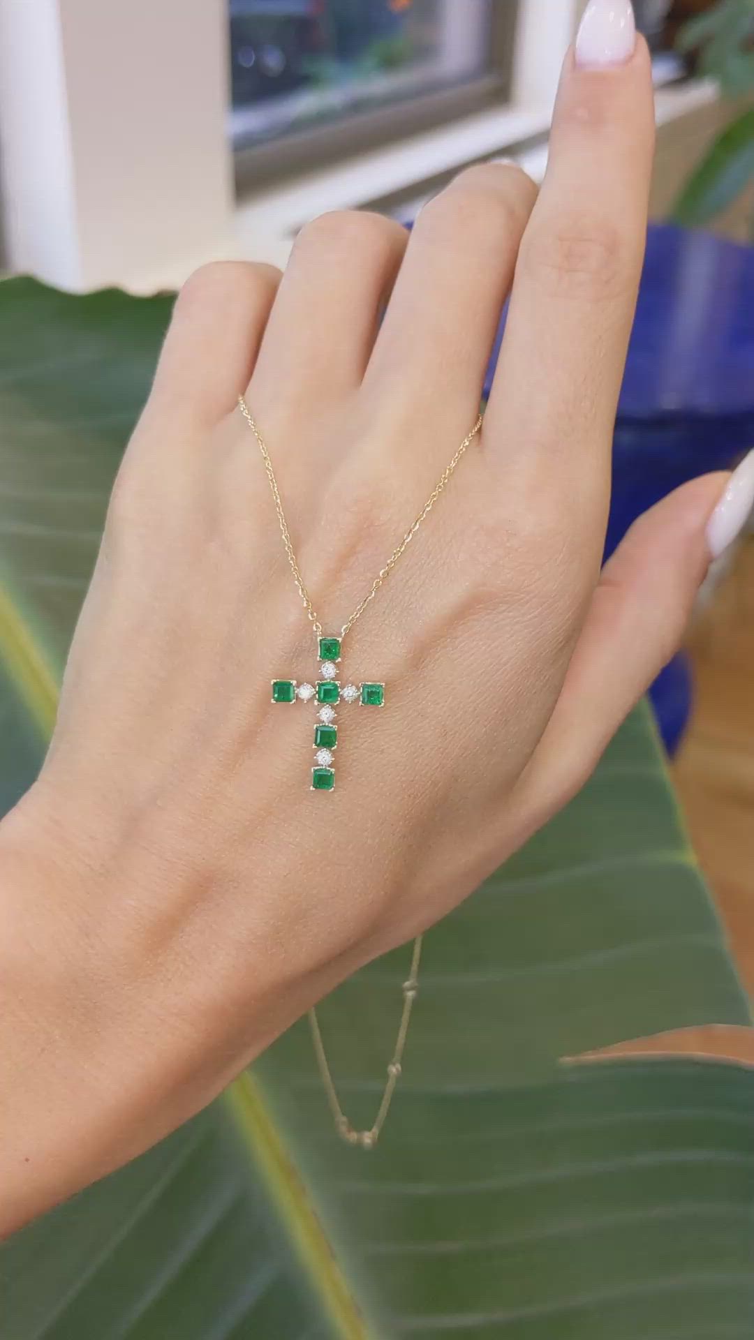 0.72 Ct. Emerald Natural Diamond Religious Necklace, 14K Yellow Gold Size Video