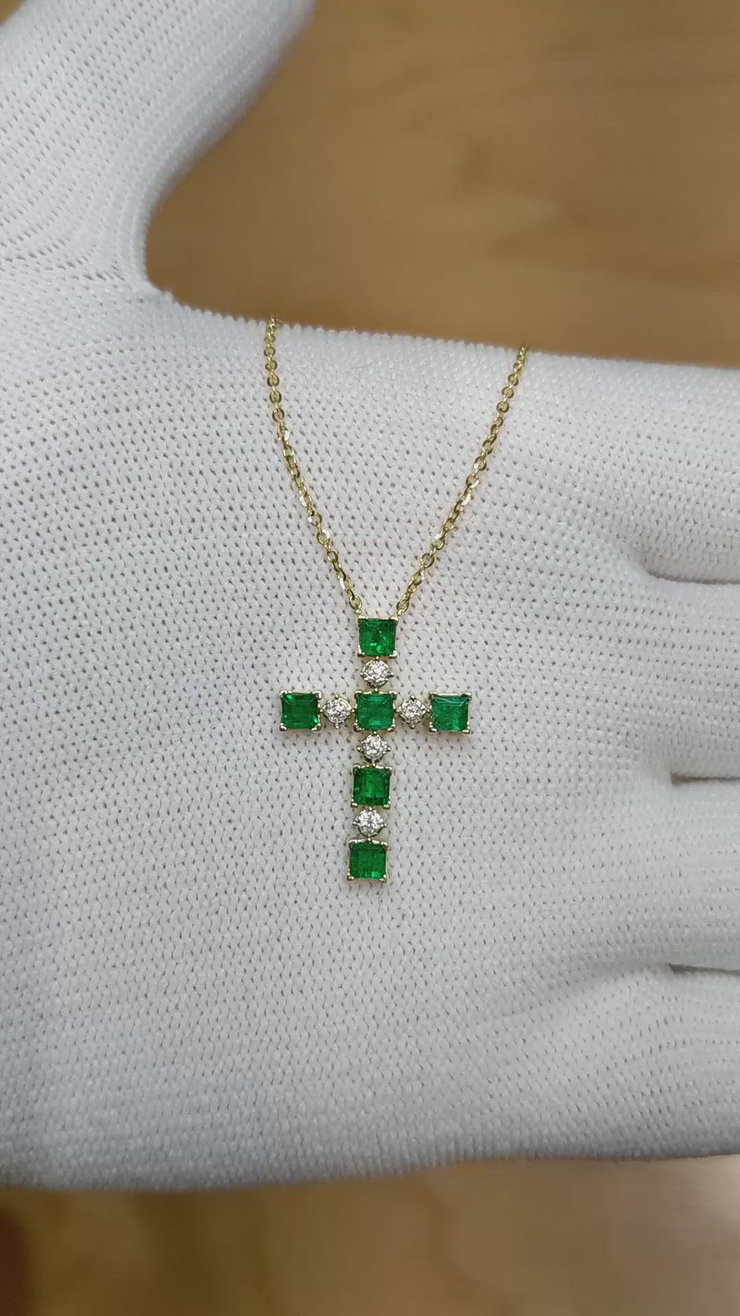 0.72 Ct. Emerald Natural Diamond Religious Necklace, 14K Yellow Gold Size Video