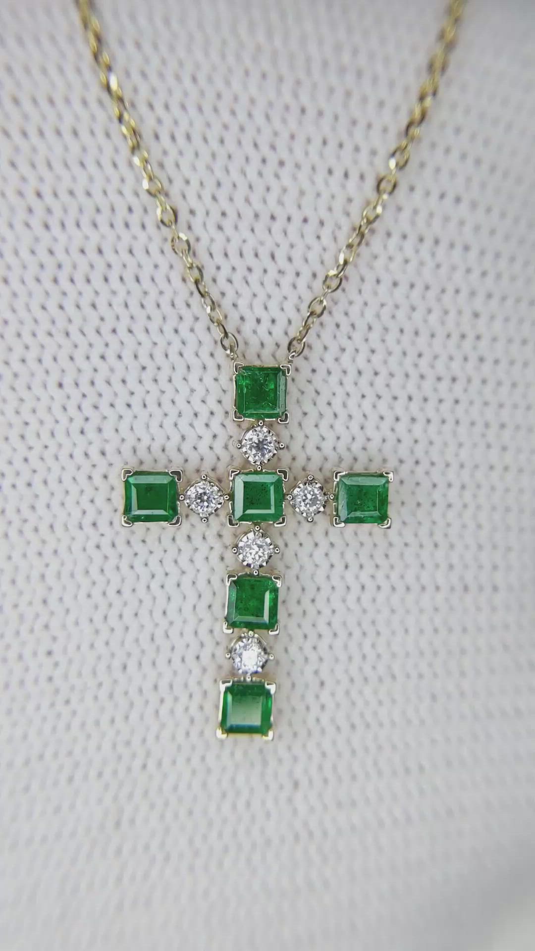 0.72 Ct. Emerald Natural Diamond Religious Necklace, 14K Yellow Gold Size Video