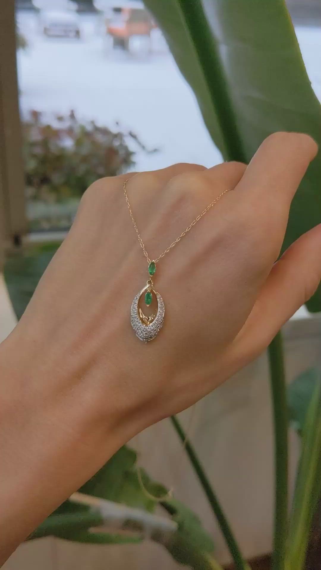 0.13 Ct. Emerald and Natural Diamond Pave Pendant, 14K Yellow Gold Size Video