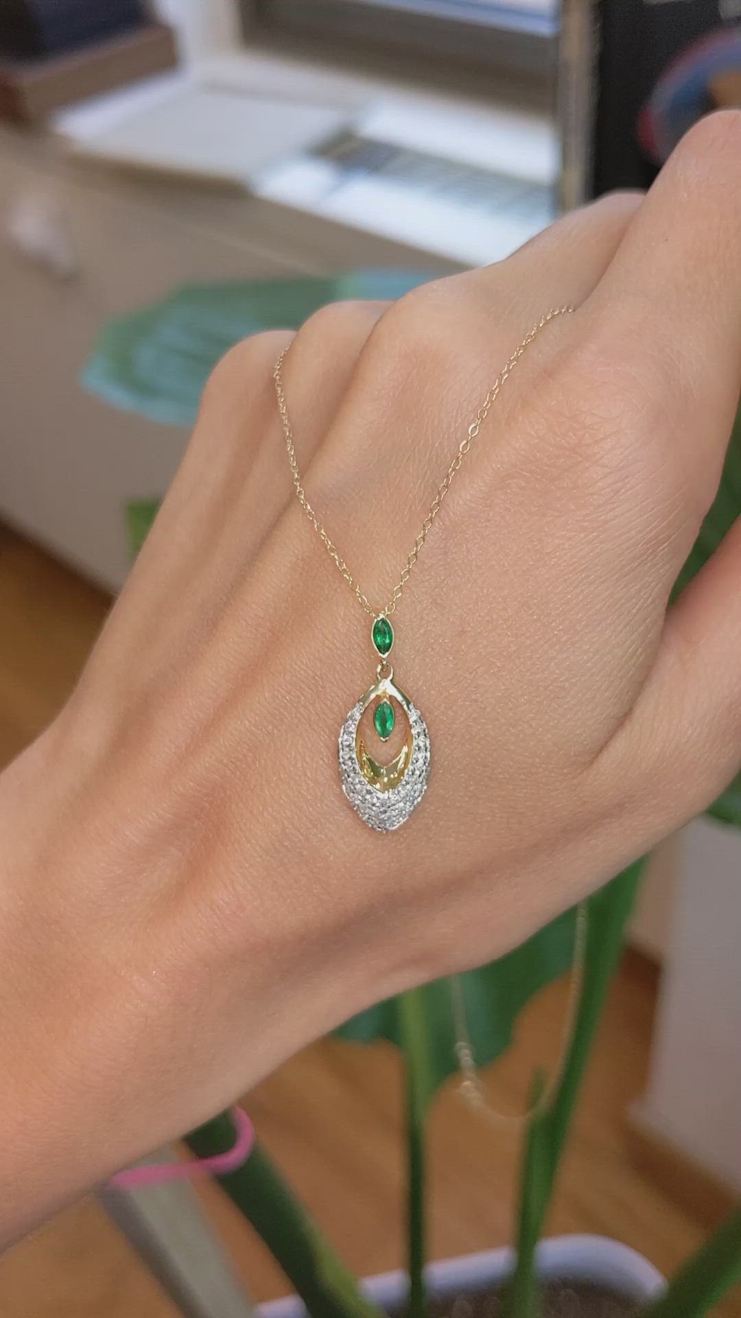 0.13 Ct. Emerald Natural Diamond Pave Pendant, 14K Yellow Gold Size Video