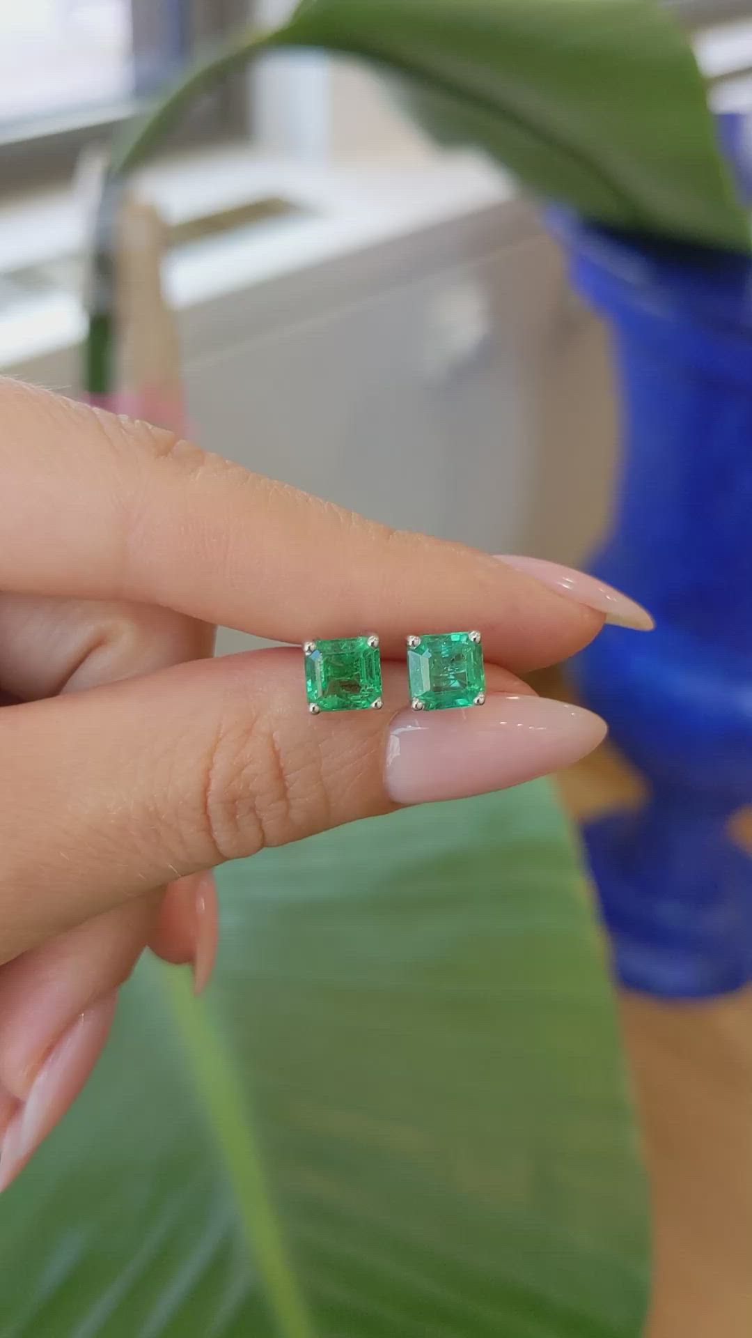 2.60 Ct.Tw. Emerald Studs Earrings, 14K White Gold Size Video