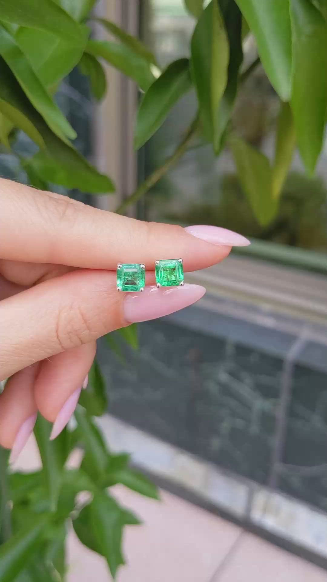 2.60 Ct.Tw. Emerald Studs Earrings, 14K White Gold Size Video