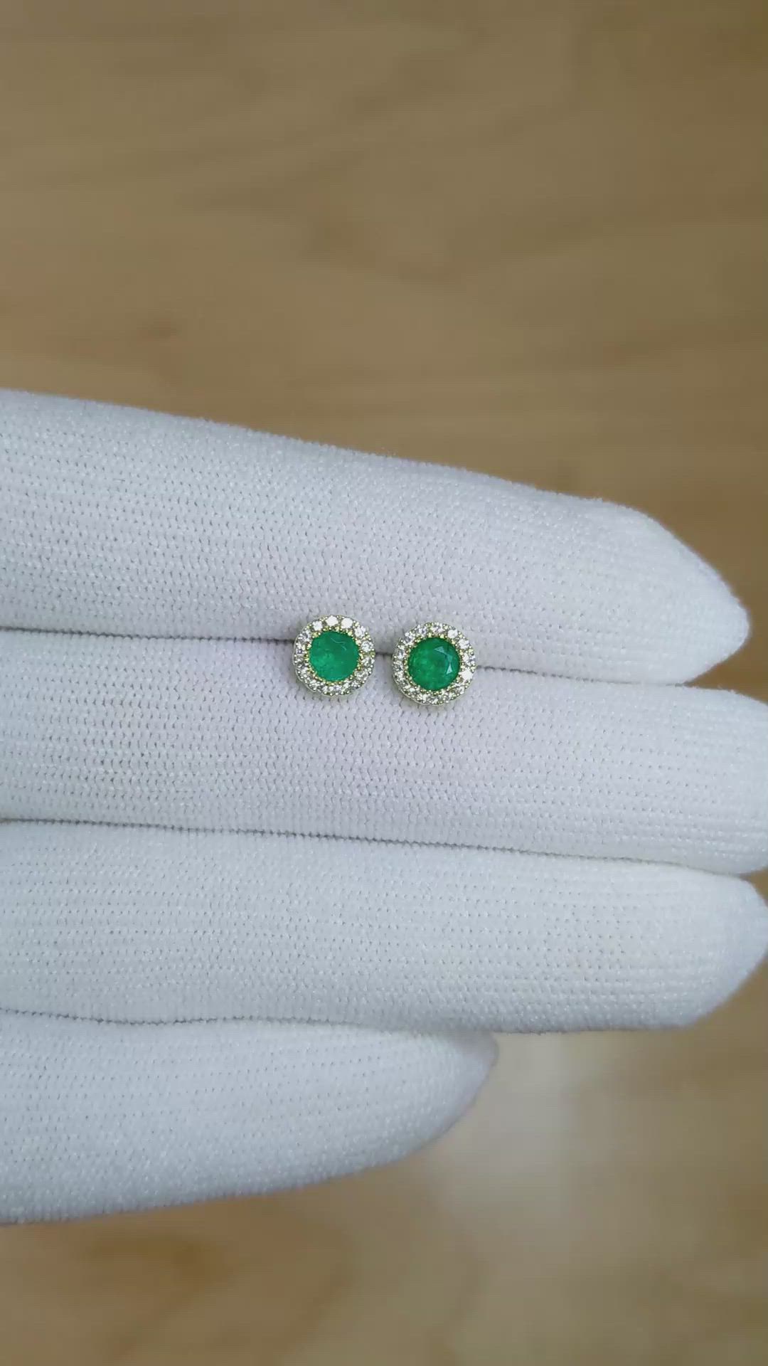0.53 Ct.Tw. Emerald Natural Diamond Studs Earrings, 14K Yellow Gold Size Video