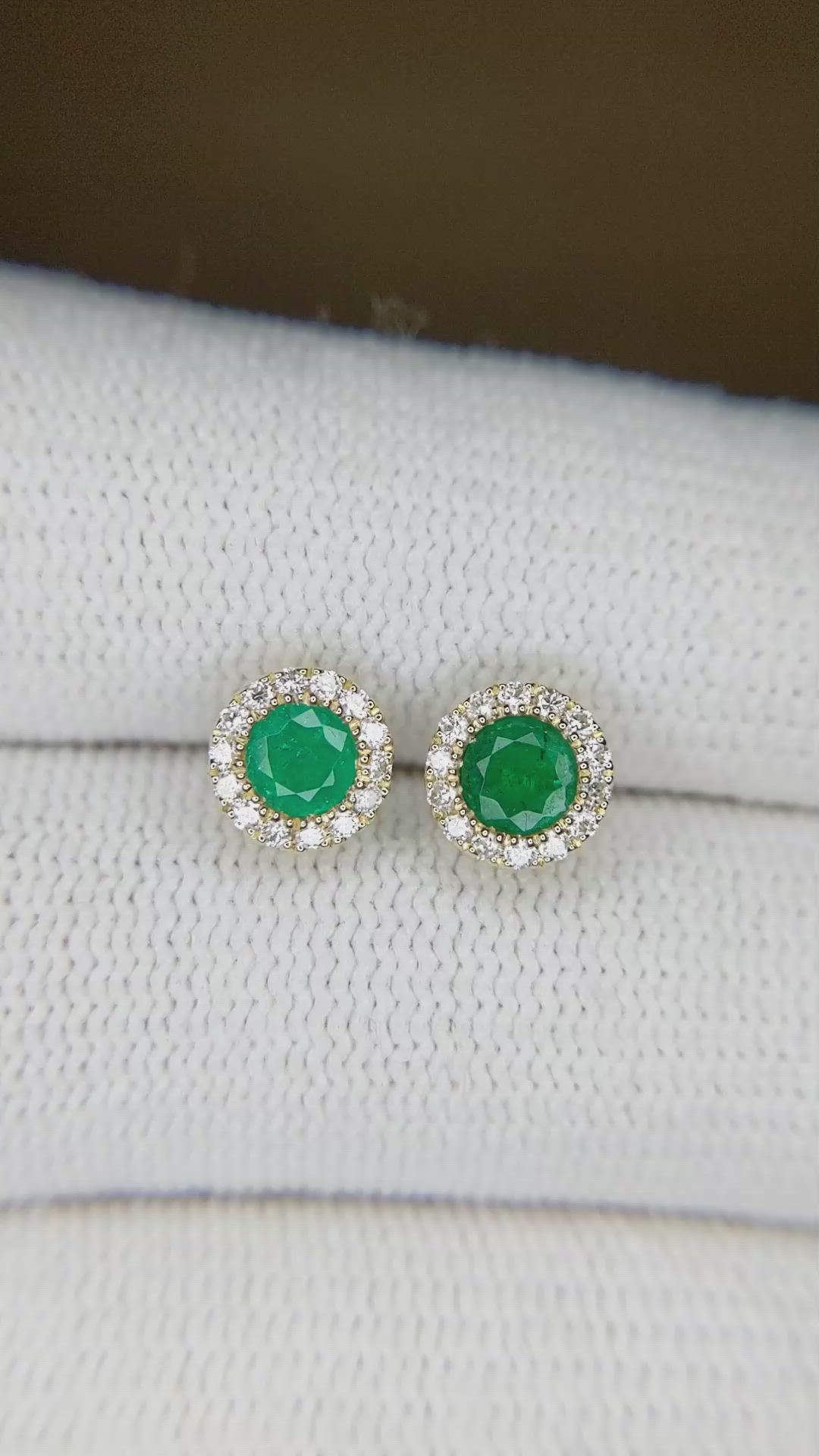 0.53 Ct.Tw. Emerald Natural Diamond Studs Earrings, 14K Yellow Gold Size Video