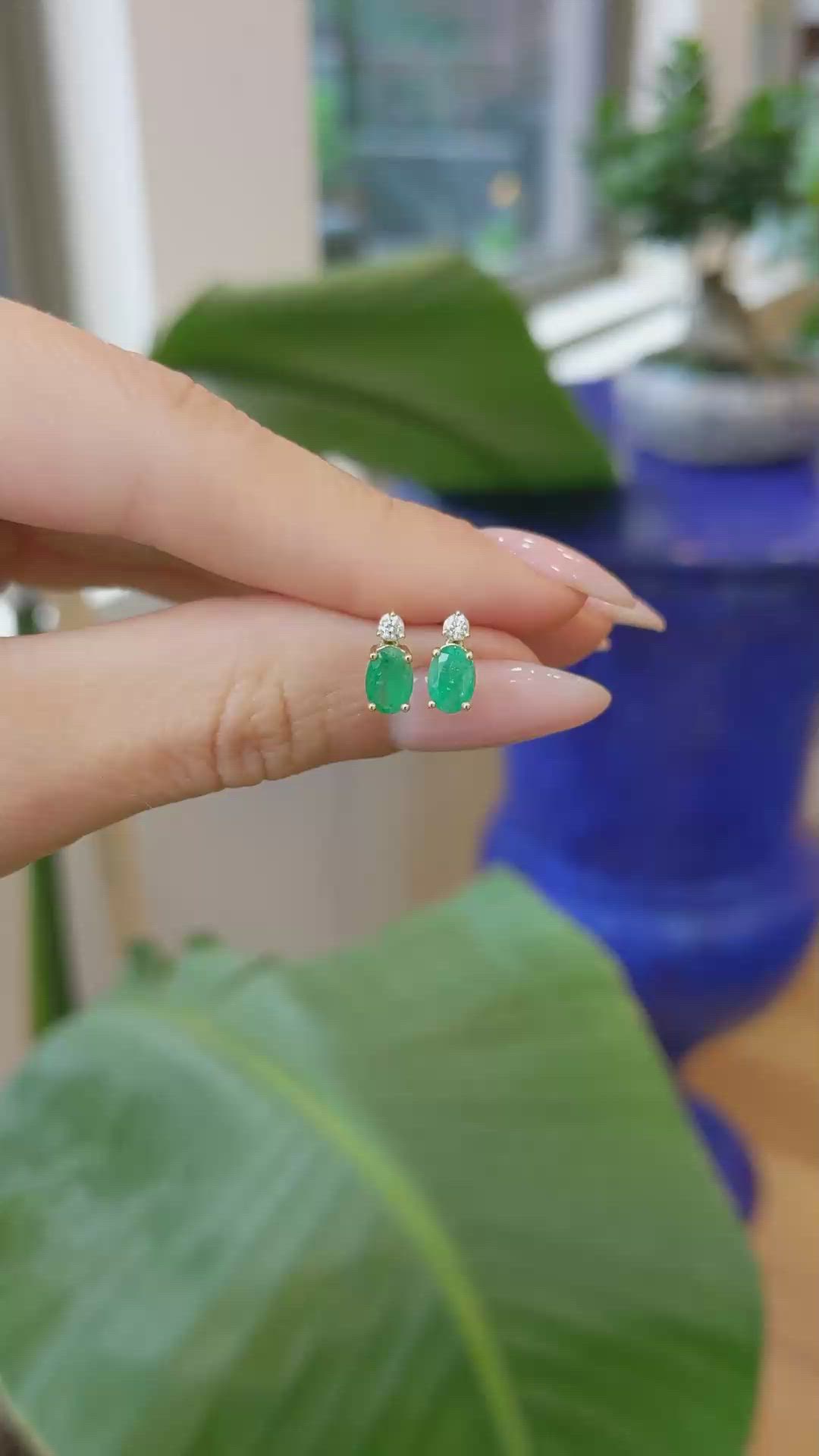 0.82 Ct.Tw. Emerald Natural Diamond Studs Earrings, 14K Yellow Gold Size Video