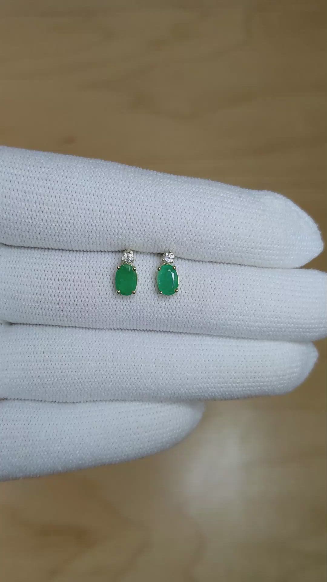 0.82 Ct.Tw. Emerald Natural Diamond Studs Earrings, 14K Yellow Gold Size Video