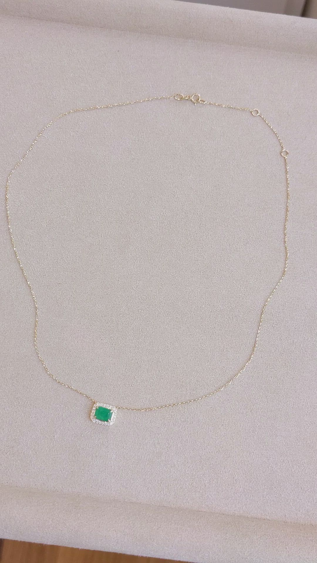 0.87 Ct. Emerald Natural Diamond Halo Necklace, 14K Yellow Gold Size Video