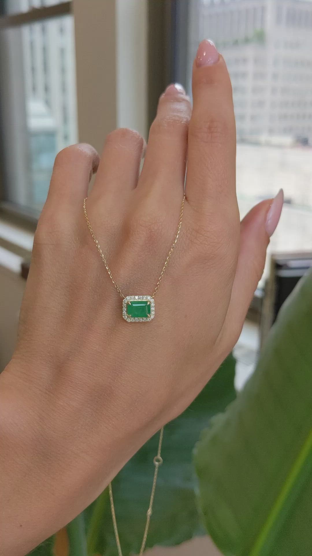 0.87 Ct. Emerald Natural Diamond Halo Necklace, 14K Yellow Gold Size Video